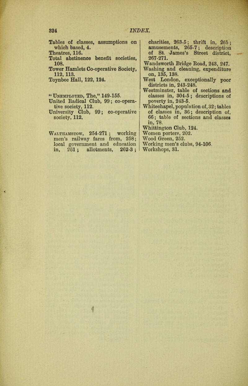 Tables of classes, assumptions on which based, 4. Theatres, 116. Total abstinence benefit societies, 108. Tower Hamlets Co-operative Society, 112, 113. Toynbee Hall, 122,124.  Unemployed, The, 149-155. United Radical Club, 99; co-opera- tive society, 112. University Club, 99; co-operative society, 112. Walthamstow, 254-271 ; working men's railway fares from, 258; local government and education in, 281 ; allotments, 262-3 ; charities, 263-5; thrift in, 265; amusements, 265-7; description of St. James's Street district, 267-271. Wandsworth Bridge Eoad, 243, 247. Washing and cleaning, expenditure on, 135, 138. West London, exceptionally poor districts in, 243-248. Westminster, table of sections and classes in, 304-5; descriptions of poverty in, 243-5. Whitechapel, population of, 32; tables of classes in, 36; description of, 66; table of sections and classes in, 78. Whittington Club, 124. Women porter.?, 202. Wood Green, 252. Working men's clubs, 94-106. Workshops, 31.