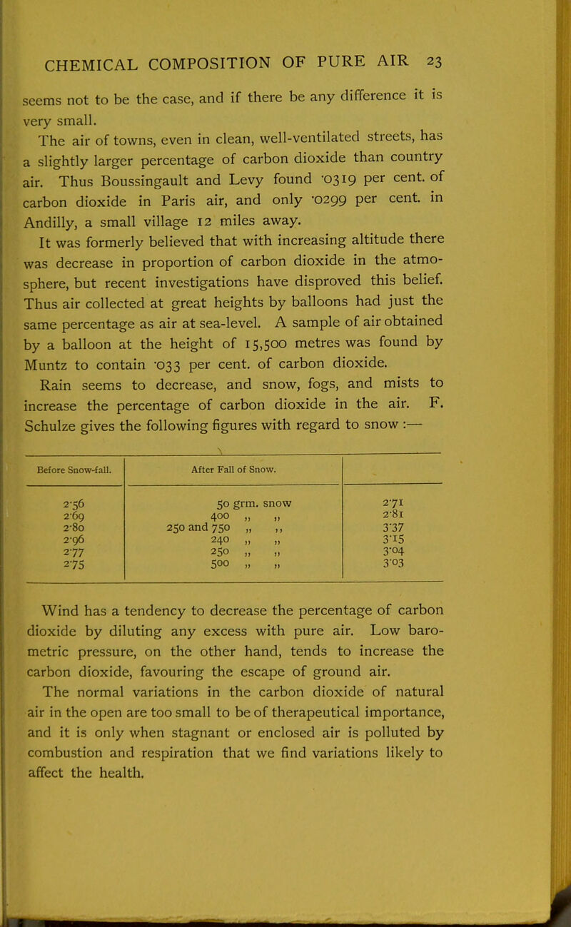 seems not to be the case, and if there be any difference it is very small. The air of towns, even in clean, well-ventilated streets, has a slightly larger percentage of carbon dioxide than country air. Thus Boussingault and Levy found -0319 per cent, of carbon dioxide in Paris air, and only -0299 per cent, in Andilly, a small village 12 miles away. It was formerly believed that with increasing altitude there was decrease in proportion of carbon dioxide in the atmo- sphere, but recent investigations have disproved this belief. Thus air collected at great heights by balloons had just the same percentage as air at sea-level. A sample of air obtained by a balloon at the height of 15,500 metres was found by Muntz to contain 033 per cent, of carbon dioxide. Rain seems to decrease, and snow, fogs, and mists to increase the percentage of carbon dioxide in the air. F. Schulze gives the following figures with regard to snow :— Before Snow-fall. After Fall of Snow. 256 SO grm. snow 271 2 69 400 „ )> 2-8i 2-8o 250 and 750 „ ) > 3-37 296 240 „ )) 3-15 250 „ )) 3-04 500 „ II 3'03 Wind has a tendency to decrease the percentage of carbon dioxide by diluting any excess with pure air. Low baro- metric pressure, on the other hand, tends to increase the carbon dioxide, favouring the escape of ground air. The normal variations in the carbon dioxide of natural air in the open are too small to be of therapeutical importance, and it is only when stagnant or enclosed air is polluted by combustion and respiration that we find variations likely to affect the health.