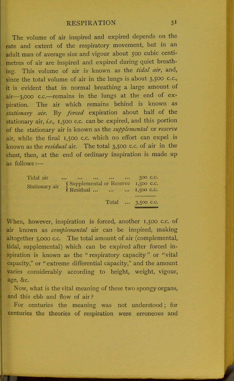 The volume of air inspired and expired depends on the rate and extent of the respiratory movement, but in an adult man of average size and vigour about 500 cubic centi- metres of air are inspired and expired during quiet breath- ing. This volume of air is known as the tidal air, and, since the total volume of air in the lungs is about 3,500 c.c, it is evident that in normal breathing a large amount of air—3,000 c.c.—remains in the lungs at the end of ex- piration. The air which remains behind is known as stationary air. By forced expiration about half of the stationary air, i.e., 1,500 c.c. can be expired, and this portion of the stationary air is known as the supplemental or reserve air, while the final 1,500 c.c. which no effort can expel is known as the residual air. The total 3,500 c.c. of air in the chest, then, at the end of ordinary inspiration is made up as follows:— Tidal air 5°° c.c. Stati nar air I Supplemental or Reserve 1,500 c.c. ^ ( Residual i,Soo c.c. Total ... 3,500 c.c. When, however, inspiration is forced, another 1,500 c.c. of air known as complemental air can be inspired, making altogether 5,000 c.c. The total amount of air (complemental, tidal, supplemental) which can be expired after forced in- spiration is known as the respiratory capacity or vital capacity, or  extreme differential capacity, and the amount varies considerably according to height, weight, vigour, age, &c. Now, what is the vital meaning of these two spongy organs, and this ebb and flow of air? For centuries the meaning was not understood; for centuries the theories of respiration were erroneous and