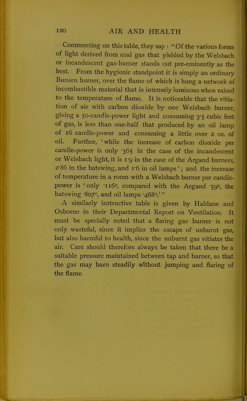 Commenting on this table, they say :  Of the various forms of light derived from coal gas that yielded by the Welsbach or incandescent gas-burner stands out pre-eminently as the best. From the hygienic standpoint it is simply an ordinary Bunsen burner, over the flame of which is hung a network of incombustible material that is intensely luminous when raised to the temperature of flame. It is noticeable that the vitia- tion of air with carbon dioxide by one Welsbach burner, giving a 50-candle-power light and consuming 3-5 cubic feet of gas, is less than one-half that produced by an oil lamp j of 16 candle-power and consuming a little over 2 oz, of oil. Further, 'while the increase of carbon dioxide per candle-power is only -365 in the case of the incandescent or Welsbach light, it is rg in the case of the Argand burners, 2-86 in the batswing, and r6 in oil lamps '; and the increase of temperature in a room with a Welsbach burner per candle- power is 'only '116°, compared with the Argand -590, the batswing -807°, and oil lamps -4680.'  A similarly instructive table is given by Haldane and Osborne in their Departmental Report on Ventilation, It must be specially noted that a flaring gas burner is not only wasteful, since it implies the escape of unburnt gas, but also harmful to health, since the unburnt gas vitiates the ; air. Care should therefore always be taken that there be a | suitable pressure maintained between tap and burner, so that i the gas may burn steadily without jumping and flaring of the flame.