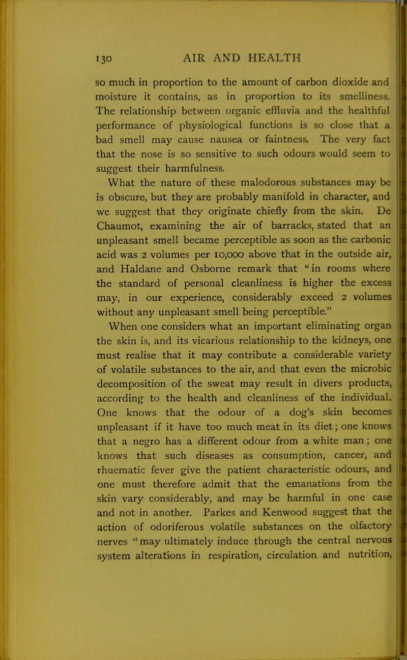 so much in proportion to the amount of carbon dioxide and moisture it contains, as in proportion to its smeiliness. The relationship between organic effluvia and the healthful performance of physiological functions is so close that a bad smell may cause nausea or faintness. The very fact that the nose is so sensitive to such odours would seem to suggest their harmfulness. What the nature of these malodorous substances may be is obscure, but they are probably manifold in character, and we suggest that they originate chiefly from the skin. De Chaumot, examining the air of barracks, stated that an unpleasant smell became perceptible as soon as the carbonic acid was 2 volumes per io,ooo above that in the outside air, and Haldane and Osborne remark that in rooms where the standard of personal cleanliness is higher the excess may, in our experience, considerably exceed 2 volumes without any unpleasant smell being perceptible. When one considers what an important eliminating organ the skin is, and its vicarious relationship to the kidneys, one must realise that it may contribute a considerable variety of volatile substances to the air, and that even the microbic decomposition of the sweat may result in divers products, according to the health and cleanliness of the individual. One knows that the odour of a dog's skin becomes unpleasant if it have too much meat in its diet; one knows that a negro has a different odour from a white man; one knows that such diseases as consumption, cancer, and rhuematic fever give the patient characteristic odours, and one must therefore admit that the emanations from the skin vary considerably, and may be harmful in one case and not in another. Parkes and Kenwood suggest that the action of odoriferous volatile substances on the olfactory nerves  may ultimately induce through the central nervous system alterations in respiration, circulation and nutrition,