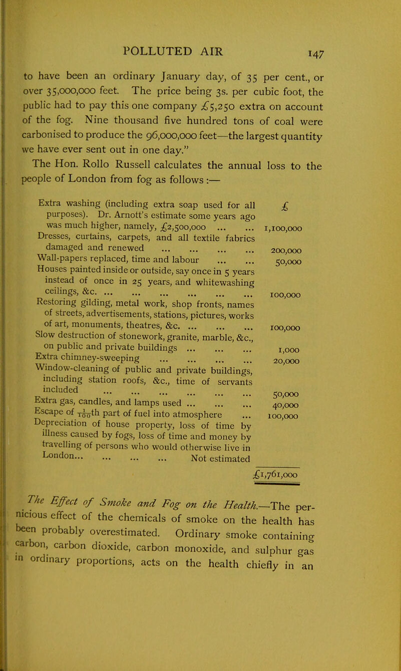 to have been an ordinary January day, of 35 per cent., or over 35,000,000 feet. The price being 3s. per cubic foot, the public had to pay this one company £s,2$o extra on account of the fog. Nine thousand five hundred tons of coal were carbonised to produce the 96,000,000 feet—the largest quantity we have ever sent out in one day. The Hon. Rollo Russell calculates the annual loss to the people of London from fog as follows :— Extra washing (including extra soap used for all £ purposes). Dr. Arnott's estimate some years ago was much higher, namely, ;^2,soo,ooo 1,100,000 Dresses, curtains, carpets, and all textile fabrics damaged and renewed 200,000 Wall-papers replaced, time and labour 50,000 Houses painted inside or outside, say once in 5 years instead of once in 25 years, and whitewashing ceilings, &c 100,000 Restormg gilding, metal work, shop fronts, names of streets, advertisements, stations, pictures, works of art, monuments, theatres, &c 100,000 Slow destruction of stonework, granite, marble, &c., on public and private buildings 1,000 Extra chimney-sweeping ... 2o',ooo Wmdow-cleaning of public and private buildings, including station roofs, &c., time of servants ^^'^^^ed 50,000 Extra gas, candles, and lamps used 40,000 Escape of ^th part of fuel into atmosphere ... 100,000 Depreciation of house property, loss of time by illness caused by fogs, loss of time and money by travelling of persons who would otherwise live in Not estimated 761,000 ne Effect of Smoke and Fog on the Healtk.—The per- nicious effect of the chemicals of smoke on the health has been probably overestimated. Ordinary smoke containing carbon, carbon dioxide, carbon monoxide, and sulphur gas m ordinary proportions, acts on the health chiefly in an