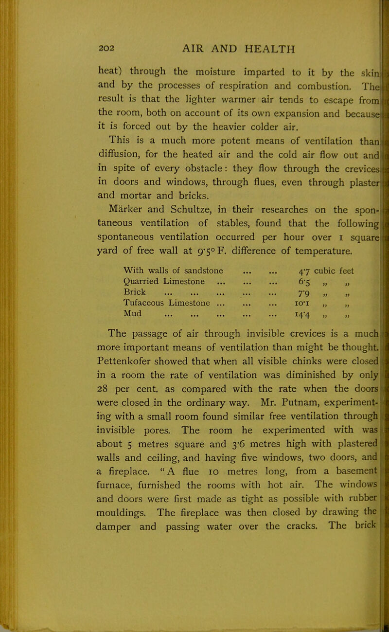 heat) through the moisture imparted to it by the skii and by the processes of respiration and combustion. Th< result is that the Hghter warmer air tends to escape fron the room, both on account of its own expansion and because it is forced out by the heavier colder air. This is a much more potent means of ventilation thai diffusion, for the heated air and the cold air flow out an( in spite of every obstacle: they flow through the crevice in doors and windows, through flues, even through plastei and mortar and bricks. Marker and Schultze, in their researches on the spon- taneous ventilation of stables, found that the following spontaneous ventilation occurred per hour over i square yard of free wall at 9*SoF. difference of temperature. With walls of sandstone 47 cubic feet Quarried Limestone 65 „ „ Brick 7-9 „ „ Tufaceous Limestone lo'i „ „ Mud ... ... ... i4'4 „ „ The passage of air through invisible crevices is a much more important means of ventilation than might be thought Pettenkofer showed that when all visible chinks were closed in a room the rate of ventilation was diminished by only 28 per cent, as compared with the rate when the doors were closed in the ordinary way. Mr. Putnam, experiment- ing with a small room found similar free ventilation through invisible pores. The room he experimented with was about 5 metres square and 3'6 metres high with plastered walls and ceiling, and having five windows, two doors, and a fireplace. A flue 10 metres long, from a basement furnace, furnished the rooms with hot air. The windows and doors were first made as tight as possible with rubber mouldings. The fireplace was then closed by drawing the damper and passing water over the cracks. The brick