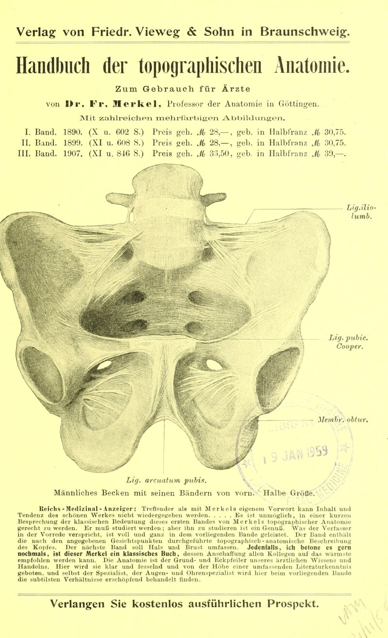 Handbuch der topograpliLsclien Anatomie. Zum Gebrauch für Ärzte von Iii'. Vv. Mei'kel, Professor der Anatomie in Gflttingen. ]Mit zahlreichen mehrfarbigen Abbildungen. I. Band. 1890. (X u. 602 S.) Pi-eis geh. Jk 28—, geb. in Halbfranz Jb 30,75. II. Band. 1899. (XI u. 608 S.) Preis geh. M 28,— , geb. in Halbfranz M 30,75. III. Band. 1907. (XI u. 846 S.) Preis geh. J(, 33,50, geb. in Halbfranz J(, 39,—. Ltg. arcuatum, puhia. Männliches Becken mit seinen Bändern von vorn. Halbe Größe. Reichs-Medizinal - Anzeiger: Trefteuder als mit Merkel b eigeuem Vorwort kann Inhalt luul Tendenz des schönen Werkes nicht wiedergegeben werden Es ist unmöglich, in einer kurzen Besprecliung der klassischen Bedeutung dieses ersten Bandes von Merkels topographischer Anatomie gerecht zu werden. Er muß studiert werden ; aber ilin zu studieren ist ein Genuß. Was der Verfasser in der Vorrede verspricht, ist voll und ganz in dem vorliegenden Bande geleistet. Der Band enthält die nach den angegebenen Gesichtspunkten durchgeführte topographisch - anatomische Beschreibung des Kopfes. Der nächste Band soll Hals und Brust umfassen. Jedenfalls, icll betone es gern nochmals, ist dieser Merkel ein klassisches Buch, dessen Anschaffung allen Kollegen auf das wärmste empfolilcn werden kann. Die Anatomie ist der Grund- und Eckpfeiler unseres ärztlichen Wissens und Handelns. Hier wird sie klar und fesselnd und von der Höhe einer umfassenden Literaturkenntiiis geboten, und selbst der Spezialist, der Augen- und Ohrenspezialist wird hier beim vorliegenden Bande die subtilsten Verhältnisse erschöpfend behandelt finden. Verlangen Sie kostenlos ausführlichen Prospekt.