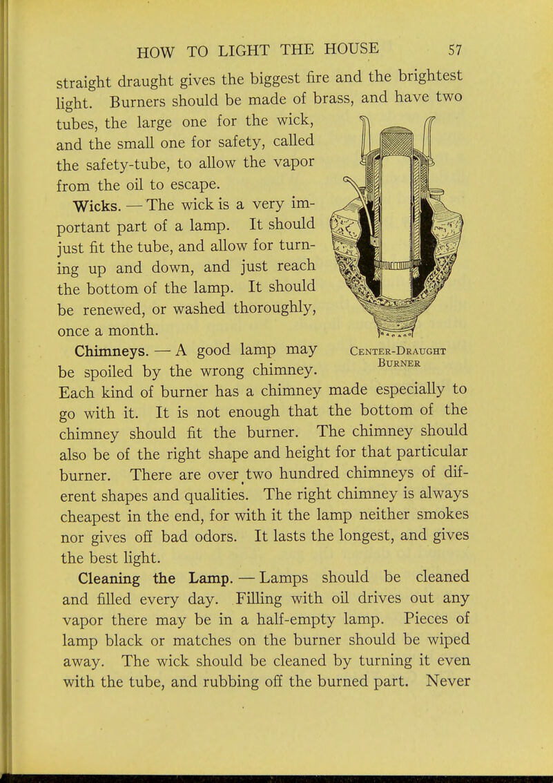 straight draught gives the biggest fire and the brightest light. Burners should be made of brass, and have two tubes, the large one for the wick, and the small one for safety, called the safety-tube, to allow the vapor from the oil to escape. Wicks. — The wick is a very im- portant part of a lamp. It should just fit the tube, and allow for turn- ing up and down, and just reach the bottom of the lamp. It should be renewed, or washed thoroughly, once a month. Chimneys. — A good lamp may be spoiled by the wrong chimney. Each kind of burner has a chimney made especially to go with it. It is not enough that the bottom of the chimney should fit the burner. The chimney should also be of the right shape and height for that particular burner. There are over two hundred chimneys of dif- erent shapes and qualities. The right chimney is always cheapest in the end, for with it the lamp neither smokes nor gives off bad odors. It lasts the longest, and gives the best light. Cleaning the Lamp. — Lamps should be cleaned and filled every day. Filling with oil drives out any vapor there may be in a half-empty lamp. Pieces of lamp black or matches on the burner should be wiped away. The wick should be cleaned by turning it even with the tube, and rubbing off the burned part. Never Center-Draught Burner