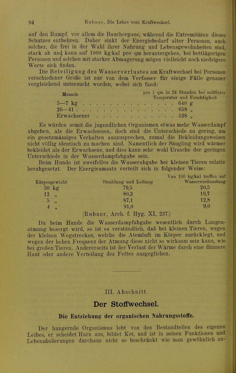 auf den Rumpf, vor allem die Baucliorgane, während die Extremitäten dieses Schutzes entbehren. Daher sinkt der Energiebedarf alter Personen, auch solcher, die frei in der Wahl ihrer Nahrung und Lebensgewohnheiten sind, stark ab un^ kann auf 1000 kg/kal pro qm heruntergehen, bei bettlägerigen Personen und solchen mit starker Abmagerung mögen vielleicht noch niedrigere Werte sich finden. Die Beteiligung des Wasserverlustes am Kraftwechsel bei Personen verschiedener Größe ist nur von dem Verfasser für einige Fälle genauer vergleichend untersucht worden, wobei sich fand: Mensch ^ 1°^ ^ Stunden bei mittlerer Temperatur und Feuchtigkeit 5—7 kg 640 g 26—41 658 Erwachsener 528 Es würden somit die jugendlichen Organismen etwas mehr Wasserdampf abgeben, als die Erwachsenen, doch sind die Unterschiede zu gering, um ein gesetzmässiges Verhalten auszusprechen, zumal die Bekleidungsweisen nicht völlig identisch zu machen sind. Namentlich der Säugling wird wärmer bekleidet als der Erwachsene, und dies kann sehr wohl Ursache der geringen Unterschiede in der Wasserdampfabgabe sein. Beim Hunde ist zweifellos die Wasserabgabe bei kleinen Tieren relativ herabgesetzt. Der Energieumsatz verteilt sich in folgender Weise: Von 100 kg/kal treffen auf Körpergewicht Strahlung und Leitung Wasserverdunstung 30 kg 79,5 20,5 12 „ 80,3 19,7 5 „ 87,1 12,8 4 „ 91,0 9,0 (Rubner, Arch. f. Hyg. XI, 237.) Da beim Hunde die Wasserdampfabgabe wesentlich durch Lungen- atmung besorgt wird, so ist es verständlich, daß bei kleinen Tieren, wegen der kleinen Wegstrecken, welche die Atemluft im Körper zurücklegt, und wegen der hohen Frequenz der Atmung diese nicht so wirksam sein kann, wie bei großen Tieren. Andererseits ist der Verlust der Wärme durch eine dünnere Haut oder andere Verteilung des Fettes ausgeglichen. IIL Abschnitt. Der Stoffwechsel. Die Entziehung der organischen Nahrungsstoffe. Der hungernde Organismus lebt von den Bestandteilen des eigenen Leibes, er scheidet Harn aus, bildet Kot, und ist in seinen Funktionen und Lebensäußerungen durchaus nicht so beschränkt wie man gewöhnlich an-