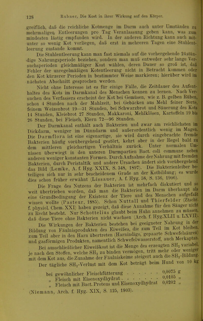 greif lieh, daß die reichliche Kotmenge im Darm auch unter Umständen zu mehrmaligen Entleerungen pro Tag Veranlassung geben kann, was zum mindesten lästig empfunden wird. In der anderen Richtung kann auch mit- unter so wenig Kot vorliegen, daß erst in mehreren Tagen eine Stuhlent-, leerung zustande kommt. Die Stuhlentleerung kann man fast niemals auf die vorhergehende 24 stün- dige Nahrungsperiode beziehen, sondern man muß entweder sehr lange Ver- suchsperioden gleichmäßiger Kost wählen, deren Dauer so groß ist, daß Fehler der unregelmäßigen Kotentleerung nicht in Betracht kommen oder den Kot kürzerer Perioden in bestimmter Weise markieren; hierüber wird im nächsten Abschnitt gesprochen werden. Nicht ohne Interesse ist es für einige Fälle, die Zeitdauer des Aufent- haltes des Kots im Darmkanal des Menschen kennen zu lernen. Nach Ver- suchen des Verfassers erscheint der Kot bei Gemüsen, wie z. B. gelben Eüben, schon 4 Stunden nach der Mahlzeit, bei Gebäcken aus Mehl feiner Sorte, feinem Weizenbrot 19—31 Stunden, bei Schwarzbrot und Säuerung des Kots 14 Stunden, Kleiebrot 27 Stunden, Makkaroni, Mehlklösen, Kartofieln 19 bis 26 Stunden, bei Fleisch, Eiern 72—96 Stunden. Der Darmkanal enthält auch Bakterien und zwar am reichlichsten im Dickdarm, weniger im Dünndarm und außerordentlich wenig im Magen. Die Darmflora ist eine eigenartige, sie wird durch eingebrachte fremde Bakterien häufig vorübergehend gestört, kehrt aber in der Eegel bald zu dem mittleren gleichartigen Verhältnis zurück. Unter normalen Um- nissen überwiegt in den unteren Darmpartien Bact. coli commune neben anderen weniger konstanten Formen. Durch Aufnahme derNahrungmit fremden Bakterien, durch Peristaltik und andere Ursachen ändert sich vorübergehend das Bild (Lem'ke, A. f. Hyg. XXIX, S. 348, 1897). Die Bakterienieiber be- teiligen sich nur in sehr bescheidenem Grade an der Kotbildung; es wurde dies schon früher erwähnt (Lissauer, A. f. Hyg. 58, S. 136, 19U6). Die Frage des Nutzens der Bakterien ist mehrfach diskutiert und so weit übertrieben worden, daß man die Bakterien im Darm überhaupt als eine Grundbedingung der Existenz der Tiere und des Menschen aufgefaßt wissen wollte (Pasteur, 1885). Schon Nuttall und Thierfelder (Ztschi. f. physiol. Chem. XXI) haben gezeigt, daß diese Annahme für den Sauger nicht zu Eecht besteht. Nur Schottelius glaubt beim Huhn annehmen zu müssen, daß diese Tiere ohne Bakterien nicht wachsen (Arch. f. Hyg.Xbll u. i^AVu;. Die Wirkungen der Bakterien bestehen bei geeigneter Nahrung in der Bildung von Fäulnisprodukten des Eiweißes, die zum Teil m Kot bleiben zum Teil aber in den Harn übertreten (Harnindigo, gepaarte Schwefelsauien) und gasförmigen Produkten, namentlich Schwefelwasserstoff, auch Merkaptan. Bei ausschließlicher Eiweißkost ist die Menge des erzeugten SH2 variabel, je nach den Stoffen, welche SH^ zu binden vermögen, tritt mehr oder weniger mit dem Kot aus, die Zunahme der Fäulniskemie steigert auch die SH^-Bildung. Der tägliche SH^-Verlust mit dem Kot beträgt beün Hund von 10 kg bei gewöhnlicher Fleischfütterung [J>00^^ S „ Fleisch mit Eisenoxydhydrat. . . • • • ; ^'^^^  Fleisch mit Bact. Proteus und Eisenoxydhydrat 0,0202 „ (Niemann, Arch. f. Hyg. XIX, S. 125, 1903).