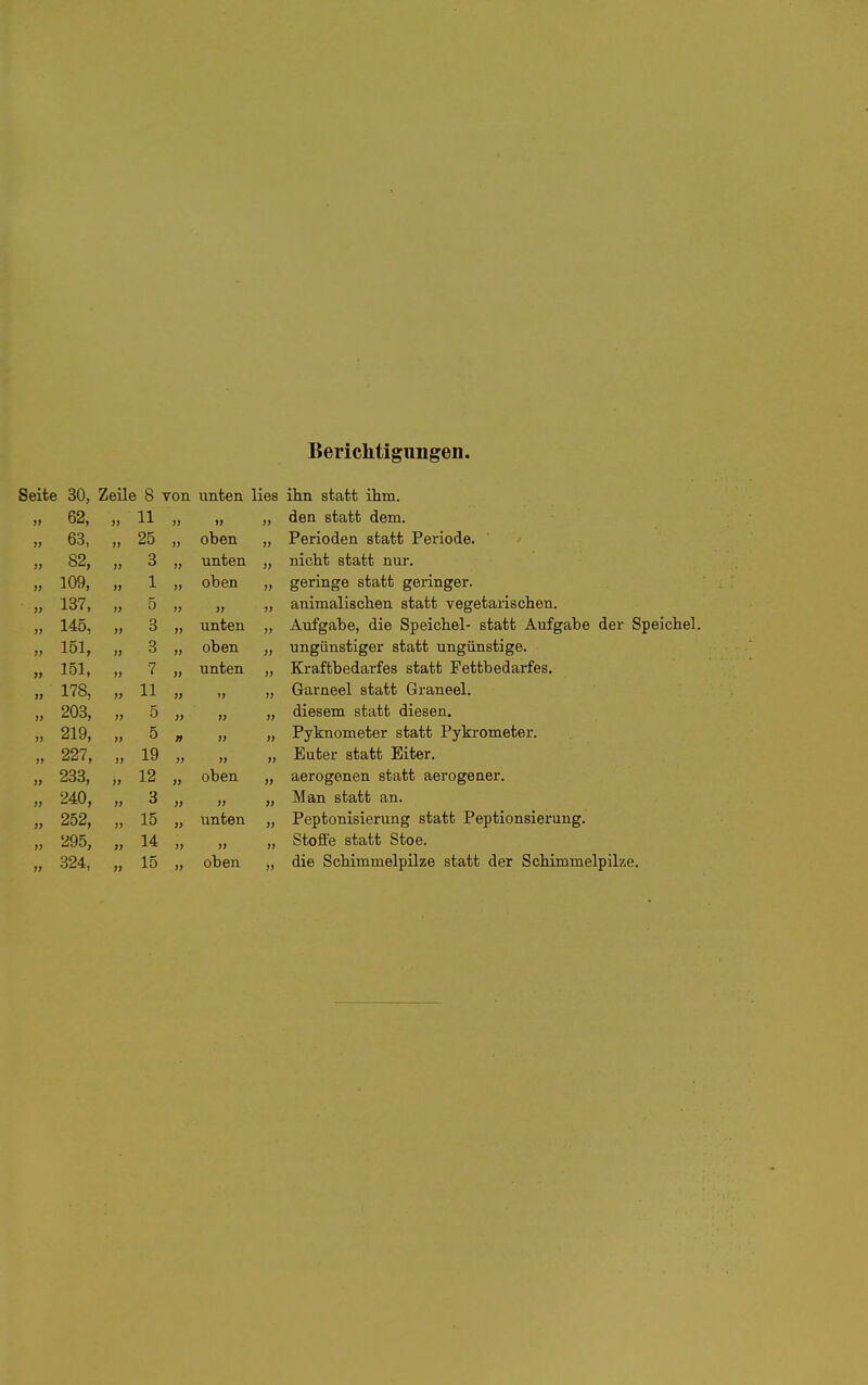 Berichtigungen. Seite 30, Zeile 8 von unten lies 62, , , 11 )) >} 63, , 25 )j oben >> » 82, , 3 )> unten 1) 109, , 1 )) oben }) » 137, > 5 )> ji >> 145, » 3 » unten )> 151, „ 3 oben » » 151, 7 » unten » 178, „ 11 203, » 5 )} » » » 219, „ 5 n » 227, „ 19 )} » 233, , 12 » oben 1) >> 240, » 3 » }) 252, „ 15 » unten )) 295, » 14 » » 324, „ 15 j> oben ibn statt ihm. den statt dem. Perioden statt Periode. nicht statt nur. geringe statt geringer. animalischen statt vegetarischen. Aufgabe, die Speichel- statt Aufgabe der Speichel. ungünstiger statt ungünstige. Kraftbedarfes statt Pettbedarfes. Garaeel statt Graneel. diesem statt diesen. Pyknometer statt Pyki'ometer. Euter statt Eiter. aerogenen statt aerogeaer. Man statt an. Peptonisierung statt Peptionsierung. Stoffe statt Stoe. die Schimmelpilze statt der Schimmelpilze.