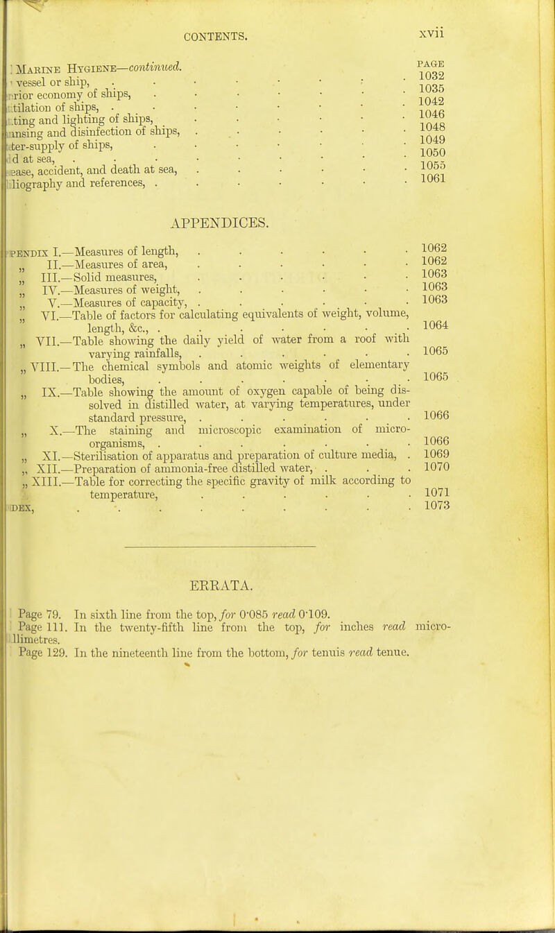 Mabine Hygiene—cotiimweci. vessel or ship, r:rior economy of ships, ■ .tilation of ships, . I.ting and lighting of ships, umsing and disinfection of ships, liter-supply of ships, li d at sea, sease, accident, and death at sea, liliography and references, . PAGE 1032 1035 1042 1046 1048 1049 1050 1055 1061 APPENDICES. 'PENDIX I. „ II.. „ III.- „ IV.- „ V.- „ VL- „ VII.- „ VIII.- „ IX.- X. XL XII.- XIII. -Measures of length, -Measures of area, ...... -Solid measures, -Measures of weight, ...... -Measures of capacity, -Table of factors for calculating equivalents of weight, volume, length, &c., . . . . • ■ . • -Table sho\ving the daily yield of water from a roof with varying rainfalls, ...... -The chemical symbols and atomic weights of elementary bodies, . . . • -Table showing the amount of oxygen capable of being dis- solved in distilled water, at varying temperatures, under standard pressure, . . . • . • -The staining and microscopic examination of micro- organisms, . . . . . • • -Sterilisation of apparatus and preparation of culture media, . -Preparation of ammonia-free distilled water, . -Table for correcting the specific gravity of milli according to temperature, ...... DEX, 1062 1062 1063 1063 1063 1064 1065 1065 1066 1066 1069 1070 1071 1073 ERRATA. Page 79. In sixth line from the top, for 0-085 read 0-109. Page 111. In the twenty-fifth line from the top, for inches read micro- llimetres. Page 129. In the nineteenth line from the bottom, for tenuis read tenue.