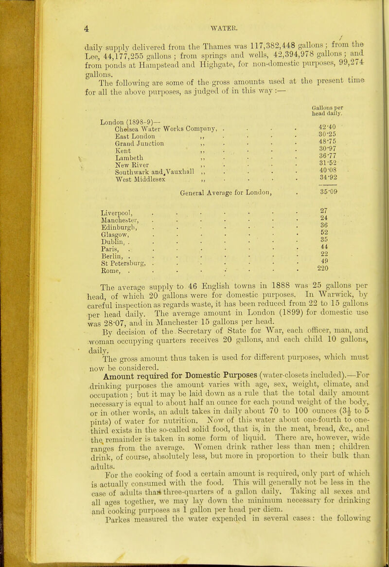 daily supply delivered from the Thames was 117,382,448 gallons; from th& Lee, 44,177,255 gallons; from springs and wells, 42,394,978 gallons; and from ponds at Hampstead and Highgate, for non-domestic purposes, 99,274 gallons. The following are some of the gross amounts used at the present time for all the above purposes, as judged of in this way :— Gallons per head daily. 42-40 30-25 48-75 30- 97 36-77 31- 52 40-08 34-92 General Average for London, . 35-09 London (1898-9)— Chelsea Water Works Company, . East Loudon ,, Grand Junction ,, Kent ). Lambeth New River ,, Southwark and^Vauxhall ,, West Middlesex ,, Liverpool, . • • • • • • Manchehter, 24 Edinburgh, . . • • . . • 36 Glasgow, oc Dublin, • • 35 Paris, Berlin, 77, St Petersburg, Rome, . . . . •• . • .220 The average supply to 46 English towns in 1888 was 25 gallons per head, of which 20 gallons were for domestic purposes. In Warwick, by careful inspection as regards waste, it has been reduced from 23 to 15 gallons per head daily. The average amount in London (1899) for domestic use was 28-07, and in Manchester 15 gallons per head. By decision of the. Secretary of State for War, each officer, man, and woman occupying quarters receives 20 gallons, and each child 10 gallons, daily. The gross amount thus taken is used for different purposes, which must now be considered. Amount reqioired for Domestic Purposes (water-closets included).—For .drinking purposes the amount varies with age, sex, weight, climate, and occupation; but it may be laid down as a rule that the total daily amount necessary is equal to about half an ounce for each pound weight of the body,, or in other words, an adult takes in daily about 70 to 100 ounces (3^ to 5 pints) of water for nutrition. Now of this water al)out one-fourth to one- third exists in the so-called solid food, that is, in the meat, bread, &c., and the remainder is taken in some form of liquid. There are, hoAvever, wide rano-es from the average. Women drink rather less than men; children drink, of course, alisolutely less, but more in proportion to their bulk than adults. For the cooking of food a certain amount is required, only part of which is actually consumed with the food. This will generally not be less in the case of adults thai* three-quarters of a gallon daily. Taking all se.xes and all a^es together, we may lay down tlie minimum necessary for drinking and cooking purposes as 1 gallon per head per diem. Parkes measured the water expended in several cases: the following