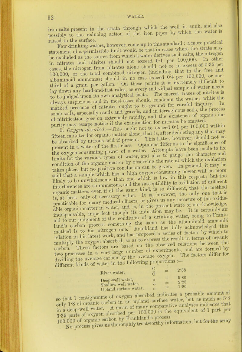 iron salts present in the strata through which the weU is sunk, and also possibly to the reducing action of the iron pipes by which the water is ''''t^^^Z^:.:ters, however, come up to this standard : a ^ore ^^^^^^^^^^^ statement of a permissible limit would be that m cases ^-]^^\'}''^.'^^^^^^^ be excluded as the source from which a water derives J, f^l^' in nitrates and nitrites should not exceed 0-1 per 100,000. other cases, the nitrogen from nitrates alone ^^J^^'l^^ Z 100,000, or the total combined nitrogen (including that |J ^^^^ albuminoid ammonias) should in no case exceed 0-4 per ''O^O ^^^^^ third of a grain per gallon. On these points it is extremely difocult to hy down anTw anf-fast rules, as every individual sample of water needs Kludged'^pon its own analytical facts. The merest traces of nitr^e is always suspicion, and in most cases should condemn ^l^^J-^^'^^'' marked presence of nitrates ought to be ground for ^^^^^^J,f ^^ocess ^me soils especiaUy sands and gravels, and m ferruginous soils the p ooess rnttrScatioS goesL extremely rapidly, and ^1- —^^^^^^ hftetnSsr^rinicma.^^ the oxygen-consummg power of a;j^*^^J, also to g^^ige the character and organic matters, even if of the same ^^'J'^ ^^^J ^ne that is is, at best, only of accessory value. ^J^j7/;;;'^\,3,,/,f the oxidis- practicable for many medical officers, or gl'^^ ^^^^^ ,,,, knowledge, able organic matter in water and is ^ ? ^^^^^^ indispensable ^TttfIhl eoSit^^^ -ater, being to Frank- aid to our judgment of c<^ndition albuminoid ammonia lands carbon ^o^^lJ^^^^^^^ ^^iand has fully ackno.dedged this method IS to ^^^^^^ ^^JXand has proposed a series of factors by which to telation in his latest woik ^^^^ P,™^ the result in terms of organic multiply the oxygen absorbed so ^^^^^.^^^^ ^^^^^^^^^ the carbon. These factors are based on ^ne o ^^^^^^ two processes m a ^^^^nX ir average c^^^^^^ The factors differ for dividing the average carbon by the average uajq different kinds of water in the following proportions :- C River water, q 2-38 Deep-well water, m - Shallow-well water, ,, - ^ Upland surface water, - nvvnpn ahsotbetl indicates a probable amount of so that 1 eontlgramme of oxygen awo o i ^^^^^ ^ ^.j. only 1-8 of ?35trofo:ygen\llb:^^^ '