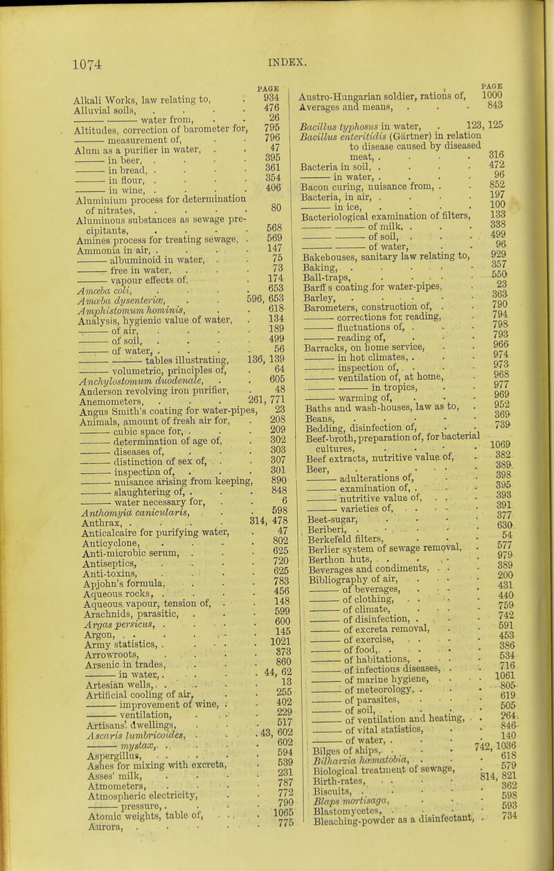 Alkali Works, law relating to, Alluvial soils, water from, Altitudes, correction of barometer for measurement of, Alum as a purifier in water, . in beer, . in bread, . in flour, . in wine, . Aluminium process for determination of nitrates. Aluminous substances as sewage pre- cipitants. Amines process for treating sewage, Ammonia in air, . albuminoid in water, . free in water, vapour effects of, Amceba coli, Ainosba dysenterice, _ . Amphistomum hominis, Analysis, hygienic value of water, -t: — of air, of soil, — of water, . ■ tables illustrating, volumetric, principles of, Anchylostomum duodenale, _ . Anderson revolving iron purifier, Anemometers, Angus Smith's coating for water-pipes, Animals, amount of fresh air for — ciibic space for, • determination of age of, diseases of, distinction of sex of, . inspection of, nuisance arising from keeping slaughtering of, . water necessary for, Anthomyia canicularis, Anthrax, . Anticalcaire for purifying water, Anticyclone, . Anti-microbic serum, . Antiseptics, . . Anti-toxins, Apjohn's formula, Aqueous rocks, . Aqueous, vapour, tension of, . Arachnids, parasitic, Argas persicus, . Argon, . . Army statistics, . . ■ • Arrowroots, . . Arsenic in trades, , . in water,. . Artesian wells,. . .. Artificial cooling of air, improvement of wine, . • ventilation. PAGE 934 476 26 795 796 47 395 361 354 406 80 568 569 147 75 73 174 653 596, 653 618 134 189 499 56 186, 139 64 605 48 261, 771 Austro-Hungarian soldier, rations of. Averages and means, PAGE 1000 843 Artisans', dwellings, Ascaris lumbricoides, ■ viystaXy .. Aspergillus, Ashes for mixing with excreta, Asses' milk, Atmometers, Atmospheric electricity, pressure,. Atomic weights, table of, ■ • Aurora, . . • ■ 23 208 209 302 303 307 301 890 848 6 Bacillus typhosus in water, . 123,125 Bacillus enteritidis (Gartner) in relation to disease caused by diseased meat, . Bacteria in soil, . in water, . Bacon curing, nuisance from, . Bacteria, in air, . in ice, Bacteriological examination of filters of milk, . of SOU, . of water, Bakehouses, sanitary law relating to. Baking, . . ... Ball-traps, . ... Barfl's coating ,for water-pipes, Barley, . Barometers, construction of, . corrections for reading, fluctuations of, . :— reading of, Barracks, on home service, in hot climates, . inspection of,. . ventilation of, at home, , in tropics, warming of. Baths and wash-houses, law as to, Beans, . • . . Bedding, disinfection of. Beef-broth, preparation of, for bacterial cultures, . • • Beef extracts, nutritive value of, 314, 478 47 802 625 720 625 783 456 148 599 600 145 1021 373 860 44, 62 13 255 402 229 517 , 602 602 594 539 231 787 772 790 1065 776 43, Beer, • adulterations of, examination of, . ■ nutritive value of, . . varieties of, . ■ • Beet-sugar, Beriberi, . • ' Berkefeld filters, Berlier system of sewage rempval, 1 Berthon huts, . Beverages and condiments, . . Bibliography of air, of beverages, of clothing, . . of climate, . ■ • of disinfection, . of excreta removal, of exercise, of food, . of habitations, . of infectious diseases, . , of marine hygiene, '■ of meteorology, . of parasites, . ■ ■ of soil, . • • of ventilation and heatmg, of vital statistics, of water, . Bilges of ships, . • Bilhania Haanatobm, . Biological treatment of sewage. Birth-rates, Biscuits, . Blaps nwrtisaga, Blastomycetes, . ■. . ^ 4. Bleaching-powder as a dismleotant, 1069 382 389. 398 395 393 391 377 630 54 577 979 389 200 431 440 759 742 591 453 386 534 716 1061 805 619 505 264. 846 140 742, 1036 618 579 814, 821 362 598 593 734