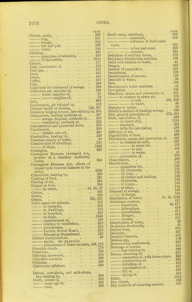 Closets, earth, slop, • trough. Clothiuj; — tub and pail, water, ■ principles of selection, of the soldier, . Clouds, . . • • Coal, combustion of, Coal gas, .... Coca, .... Cocoa, .... Coffee, .... Coir, .... Coke-beds for treatment of sewage, Collection air, samples of, water, samples of, — supplies of, Cols, Combustion, air vitiated by. Comma bacilli of cholera, . 128> Common lodging-houses, law relating to, 904 PAGE 539 541 544 538 544 432 438 1002 777 159 161 423 423 419 438 586 189 67 18 803 159 637 Death rates, combined, . :— coiTected, influence of birth-rates Comparison, heating methods of, sewage disposal, methods of, ventilation, methods of, Concentrated and preserved foods, Condiments, dietetic uses of, . Conduction, heating by, Constant supply of water, Construction of dwellings, of ships, . Contagion, Contagious Diseases (Animals) Act, powers of a Sanitary Authority under, . . . . • Contagious Diseases Act, effects of repeal upon venereal diseases in the army. Convection, heating by. Cooking of food, . Cooling of air. Copper in food, . in water, ... 44 257 588 235 379 389 430 239 20 510 1033 622 944 Cotton, Cowls, . . . • Cream, . . . • Cubic space for animals, in barracks, in dwellings, in hospitals, in ships, . measurement of, relation to ventilation, poor-houses, Loudon School Board, . Education Department, Culture manipulations, . media. See Appendix. phenomena of water bacteria, 106,113 Cumulus clouds .... 778 1026 239 291 255 386 62, 85 435 218 331, 321 215 212 212 213 1040 259 213 212 212 212 99 Cupralum, Curcuma arrowroot, Cuterehra noxialis, Cyclones, . Cysticercus cdlulosm, Dairies, cow-sheds, and milk-shops, law relating to, ... Death, causes of, ... mean age at, . rates, .... 740 374 598 800 304 944 824 829 816 upon. urban and rural, zymotic. Definition of sanitary terms, . Del6pine's disinfecting machine, Delhi boil relation to water, . Dengue, . . . • Density of population, . Deodorants, Deodorisation of excreta, Desmids in water. Dew, . . . • Desmaroux's water steriliser, . Dew-point, Diarrhoea, causes and prevention of, in relation to sewer air, to soil, . to water, Diatoms in water, Dibdin's method of treating sewage, Diet, general principles of. Diets, calculation of, on board ship, . standard, table for calculating, Diffusion of air, . Digestibility of food, . Diphtheria, causes and prevention of, in relation to milk, to sewer air, to soil, . to water, jorevention of. Disaccharids, Disinfection, apparatus for, . by chemicals, by heat, . ■ of clothes and bedding, of excreta, of rooms, . of ships, . Disposal of sewage, of sludge, . Distillation of water, . • lo, Distmnum crassum, liepaticum, heterophyes, lanceolatum, ■ Ringeri, . sinense, . Distribution of water, . Dodimim duodenalis, • Docker huts. Dolomite, . Donkin's formula, Dowson gas, Dracunculus medinensis, Drainage of houses, .law relating to, . Drain.s, cleansing of, connection of, with house-pipes, construction of, definition of, examination of, . fall of, . laying of. Drills, Dry closets. Dry methods of removing excreta, PAGE 820 818 821 823 824 879 729 41 640 821 720 740 95 780 45 781 641 179 482, 643 36 95 580 272, 284 289 1050 284 288 150 290 645 327 182 484 41 650 269 720 723 731 723 739 739 740 742 535 569 45, 1049 617 43, 617 618 617 - 618 617 20 43 979 457 213 176 603 554 886 551 548 553 553 657 556 554 1012 538 537