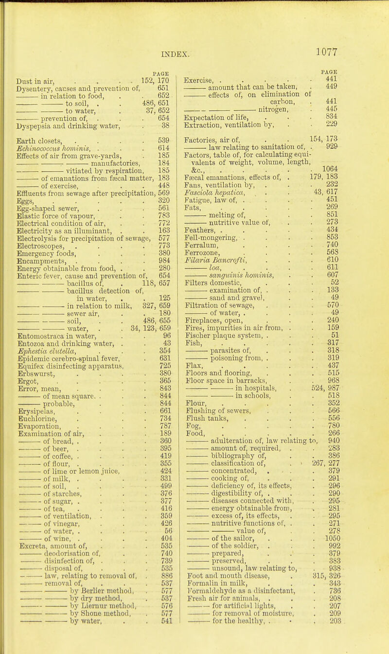 PAGE Dust in air, . . ■ • 152,170 Dyseutery, causes and prevention of, 651 in relation to food, . 652 to soil, . . 486, 651 to water, . 37,652 prevention of, . . . 654 Dyspepsia and drinking water, . 38 Earth closets, .... 539 Echinococcus hoininis, . . . 614 Bflfects of air from grave-yards, . 185 : manufactories, 184 vitiated by respiration, 185 of emanations from fsecal matter, 183 of exercise, . . 448 EflBuents from sewage after precipitation, 569 Eggs, 320 Egg-shaped sewer, . . . 561 Elastic force of vapour, . . 783 Electrical condition of air, . . 772 Electricity as an illuminant, . . 163 Electrolysis for precipitation of sewage, 577 Electroscopes, .... 773 Emergency foods, . . . 380 Encampment.s, .... 984 Energy obtainable from food, . . 280 Enteric fever, cause and prevention of, 654 bacillus of, . 118, 657 bacillus detection of, in water, . . 125 in relation to milk, 327, 659 sewer air, . . 180 soil, . . 486, 655 • water, . . 34, 123, 659 Entomostraca in water, . . 96 Entozoa and drinking water, . . 43 Ephestia elutella, . . . 354 Epidemic cerebro-spinal fever, . 631 Equifex disinfecting apparatus, 725 Erbswurst, .... 380 Ergot 365 Error, mean, .... 843 of mean square. . . . 844 probable, . . . 844 Erysipelas, .... 661 Buchlorine, . . . 734 Evaporation, .... 787 Examination of air, . . .189 of bread 360 of beer, .... 395 of coffee, .... 419 of flour, . . . .355 of lime or lemon juice, 424 of milk, .... 331 of soil 499 of starches, . . . 376 of sugar, .... 377 ■ of tea 416 of ventilation, . . . 359 of vinegar, . . . 426 of water, .... 56 of wine, .... 404 Excreta, amount of, . . 535 deodorisation of, . . 740 ■ disinfection of, . . . 739 disposal of, . . 535 ■ law, relating to removal of, . 886 — • removal of, . . . 537 by Berlier method, . 577 —— by dry method, . 537 by Liemur method, 576 by Shone method, . 577 by water, . . 541 PAGE Exercise 441 amount that can be taken, . 449 eftects of, on elimination of carbon, . 441 nitrogen, . 445 Expectation of life, . . • 834 Extraction, ventilation by, . • 229 Factories, air of, . ■ 154, 173 law relating to sanitation of, . 929 Factors, table of, for calculating equi- valents of weight, volume, length, &c., . . . ■ 1064 Fsecal emanations, effects of, . 179, 183 Fans, ventilation by, . . . 232 Fasciola hepatica, . . . 43, 617 Fatigue, law of, . . . • 451 Fats 269 melting of, . . . 851 nutritive value of, . . 273 Feathers, ..... 434 Fell-mongering, .... 853 Ferralum, . . . .740 Ferrozone, .... 563 Filaria Bancrofti, . . . 610 loa, .... 611 sanguinis hmninis, . . 607 Filters domestic, ... 52 examination of, . . . 133 sand and gravel, . . 49 Filtration of sewage, . . . 670 of water, .... 49 Fireplaces, open, . . . 240 Fires, impurities in air from, . . 159 Fischer plaque system, . . .51 Fish, 317 parasites of, . . . 318 poisoning from, . . . 319 Flax 437 Floors and flooring, . . . 515 Floor space in barracks, . . 968 in hospitals, . 524, 987 —-—■ in schools, . . 518 Flour, 352 Flushing of sewers, . . . 566 Flush tanks, .... 556 Fog 780 Food 266 adulteration of, law relating to, 940 amount of, required, . . . 283 bibliography of, . . 386 classification of, . • 267, 277 concentrated, . . . 379 cooking of, . . .291 deficiency of, its effects, . 296 digestibility of, . ' . . 290 diseases connected with, . 296 energy obtainable from, , 281 excess of, its effects, . . 295 nutritive functions of, . . 271 value of, . . 278 of the sailor, . . . 1050 of the soldier, . . .992 prepared, . . 379 preserved, . . . 383 unsound, law relating to, . 938 Foot and mouth disease, . 315, 326 Formalin in milk, , . . 343 I'^ormaldehyde as a disinfectant, . 736 Fresh air for animals, . . . 208 for artificiid lights, . . 207 for removal of moistui-e, . 209 for the healtliy, . • .203