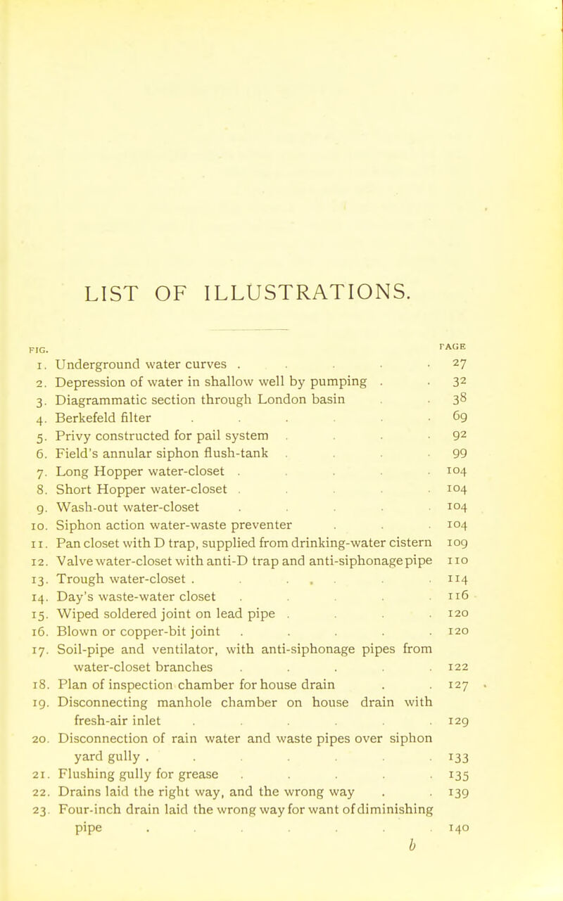 LIST OF ILLUSTRATIONS. 1. Underground water curves . . 27 2. Depression of water in shallow well by pumping . . 32 3. Diagrammatic section through London basin . 38 4. Berkefeld filter . - Gg 5. Privy constructed for pail system . . . 92 6. Field's annular siphon flush-tank . -99 7. Long Hopper water-closet . . . . ■ 104 8. Short Hopper water-closet . . . . .104 g. Wash-out water-closet ..... 104 10. Siphon action water-waste preventer . .104 11. Pan closet with D trap, supplied from drinking-water cistern 109 12. Valve water-closet with anti-D trap and anti-siphonagepipe no 13. Trough water-closet . ... 114 14. Day's waste-water closet . .116 15. Wiped soldered joint on lead pipe .... 120 16. Blown or copper-bit joint ..... 120 17. Soil-pipe and ventilator, with anti-siphonage pipes from water-closet branches . . .122 18. Plan of inspection chamber for house drain . . 127 19. Disconnecting manhole chamber on house drain with fresh-air inlet . .129 20. Disconnection of rain water and waste pipes over siphon yard gully . . . . . 133 21. Flushing gully for grease ..... 135 22. Drains laid the right way, and the wrong way . 139 23. Four-inch drain laid the wrong way for want of diminishing pipe ....... 140 b