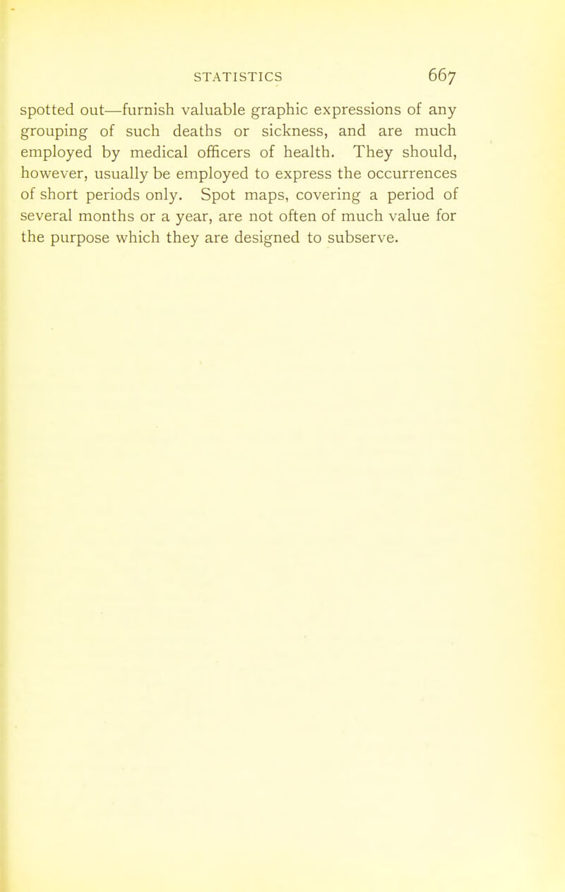 spotted out—furnish valuable graphic expressions of any- grouping of such deaths or sickness, and are much employed by medical officers of health. They should, however, usually be employed to express the occurrences of short periods only. Spot maps, covering a period of several months or a year, are not often of much value for the purpose which they are designed to subserve.