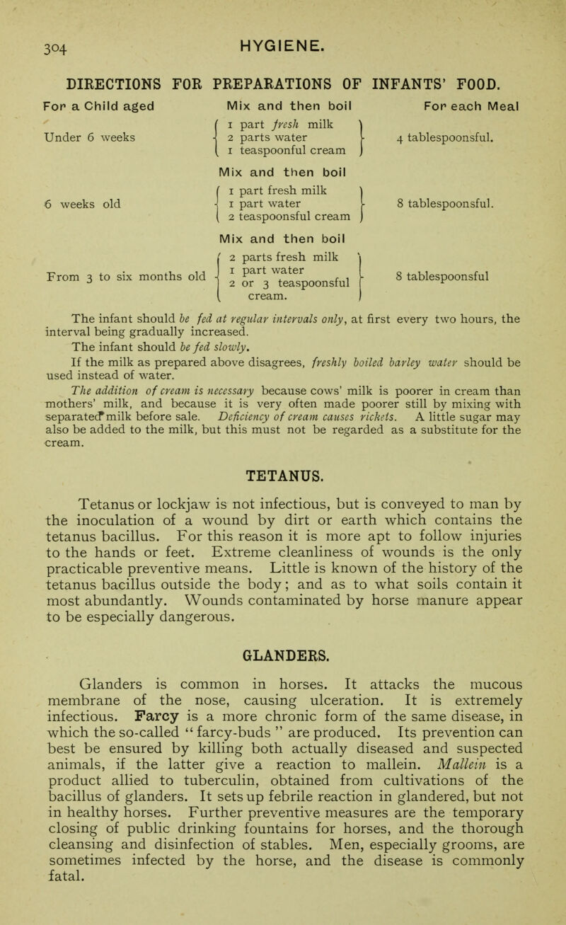 DIRECTIONS FOR PREPARATIONS OF INFANTS' FOOD. For a Child aged Under 6 weeks 6 weeks old From 3 to six months old Mix and tlien boil 1 part Jvesh milk 2 parts water I teaspoonful cream Mix and then boil I part fresh milk 1 part water 2 teaspoonsful cream Mix and then boil 2 parts fresh milk 1 part water 2 or 3 teaspoonsful cream. Fop each Meal 4 tablespoonsful. 8 tablespoonsful. 8 tablespoonsful The infant should he fed at regiclar intervals only, at first every two hours, the interval being gradually increased. The infant should be fed slowly. If the milk as prepared above disagrees, freshly boiled barley water should be used instead of water. The addition of cream is necessary because cows' milk is poorer in cream than mothers' milk, and because it is very often made poorer still by mixing with separate(?milk before sale. Deficiency of cream causes rickets. A little sugar may also be added to the milk, but this must not be regarded as a substitute for the cream. TETANUS. Tetanus or lockjaw is not infectious, but is conveyed to man by the inoculation of a wound by dirt or earth which contains the tetanus bacillus. For this reason it is more apt to follow injuries to the hands or feet. Extreme cleanliness of wounds is the only practicable preventive means. Little is known of the history of the tetanus bacillus outside the body; and as to what soils contain it most abundantly. Wounds contaminated by horse manure appear to be especially dangerous. GLANDERS. Glanders is common in horses. It attacks the mucous membrane of the nose, causing ulceration. It is extremely infectious. Farcy is a more chronic form of the same disease, in which the so-called  farcy-buds  are produced. Its prevention can best be ensured by killing both actually diseased and suspected animals, if the latter give a reaction to mallein. Mallein is a product allied to tuberculin, obtained from cultivations of the bacillus of glanders. It sets up febrile reaction in glandered, but not in healthy horses. Further preventive measures are the temporary closing of public drinking fountains for horses, and the thorough cleansing and disinfection of stables. Men, especially grooms, are sometimes infected by the horse, and the disease is commonly fatal.