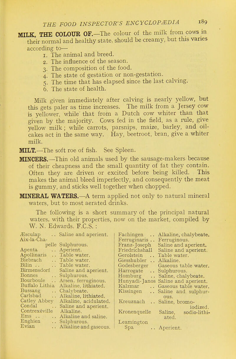 MILK, THE COLOUR OF.—The colour of the milk from cows in their normal and healthy state, should be creamy, but this vanes according to— 1. The animal and breed. 2. The influence of the season. 3. The composition of the food. 4. The state of gestation or non-gestation. 5. The time that has elapsed since the last calving. 6. The state of health. Milk given immediately after calving is nearly yellow, but this gets paler as time increases. The milk from a Jersey cow is yellower, while' that from a Dutch cow whiter than that given by the majority. Cows fed in the field, as a rule, give yellow milk; while carrots, parsnips, maize, barley, and oil- cakes act in the same way. Hay, beetroot, bran, give a whiter milk. MILT.—The soft roe of fish. See Spleen. MINCERS.—^Thin old animals used by the sausage-makers because of their cheapness and the small quantity of fat they contain. Often they are driven or excited before being killed. This makes the animal bleed imperfectly, and consequently the meat is gummy, and sticks well together when chopped. MINERAL WATERS.—A term applied not only to natural mineral waters, but to most aerated drinks. The following is a short summary of the principal natural waters, with their properties, now on the market, compiled by W. N. Edwards, F.C.S. : jEsculap Aix-la-Cha- pelle Apenta ApoUinaris .. Biebrach Bilin .. Birmensdorf Bonnes Bourboule Buffalo Lithia Bussang Carlsbad Catley Abbey Condal Contrexeville Ems . . Enghien Evian Saline and aperient. Sulphurous. Aperient. Table water. Table water. Table water. Saline and aperient. Sulphurous. Arsen. ferruginous. Alkaline, lithiated. Chalybeate. Alkaline, lithiated. Alkaline, acidulated. Saline and aperient. Alkaline. Alkaline and saline. Sulphurous. Alkaline and gaseous. Fachingen Ferruginaris .. Franz-Joseph Friedrichshall Gerolstein Giesshubler .. Godesberger Harrogate Homburg Hunyadi-Janos Kalzmar Kissingen Kreuznach .. Kronenquelle Leamington Spa Alkaline, chalybeate. Ferruginous. Saline and aperient. Saline and aperient. Table water. Alkaline. Gaseous table water. Sulphurous. Saline, chalybeate. Saline and aperient. Gaseous table water. Saline and sulphur- ous. Saline, bromo- iodized. Saline, sodio-lithi- ated. Aperient.