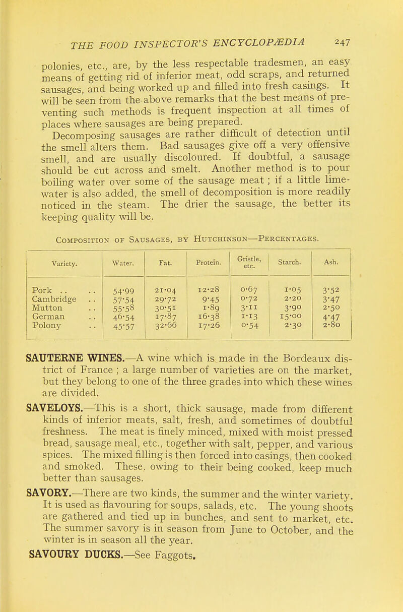 polonies, etc., are, by the less respectable tradesmen, an easy means of getting rid of inferior meat, odd scraps, and returned sausages, and being worked up and filled into fresh casings. It will be seen from the above remarks that the best means of pre- venting such methods is frequent inspection at all times of places where sausages are being prepared. Decomposing sausages are rather difficult of detection until the smell alters them. Bad sausages give off a very offensive smell, and are usually discoloured. If doubtful, a sausage should be cut across and smelt. Another method is to pour boihng water over some of the sausage meat; if a little lime- water is also added, the smell of decomposition is more readily noticed in the steam. The drier the sausage, the better its keeping quality will be. Composition of Sausages, by Hutchinson—Percentages. Variety. Water. Fat. Protein. Gristle, etc. Starch. Ash. Pork .. 54-99 21'04 12-28 0-67 1-05 3-52 Cambridge 57-54 29-72 9-45 0-72 2-20 3-47 Mutton 55-58 30-51 i-Bg 3-II 3-90 2-50 German 46-54 17-87 16-38 I-13 15-00 4-47 Polony 45-57 32-66 17-26 0-54 2-30 2-80 SAUTERNE WINES.—A wine which is made in the Bordeaux dis- trict of France ; a large number of varieties are on the market, but they belong to one of the three grades into which these wines are divided. SAVELOYS.—^This is a short, thick sausage, made from different kinds of inferior meats, salt, fresh, and sometimes of doubtful freshness. The meat is finely minced, mixed with moist pressed bread, sausage meal, etc., together with salt, pepper, and various spices. The mixed filling is then forced into casings, then cooked and smoked. These, owing to their being cooked, keep much better than sausages. SAVORY.—^There are two kinds, the summer and the winter variety. It is used as flavouring for soups, salads, etc. The young shoots are gathered and tied up in bunches, and sent to market, etc. The summer savory is in season from June to October, and the winter is in season all the year. SAVOURY DUCKS.—See Faggots.