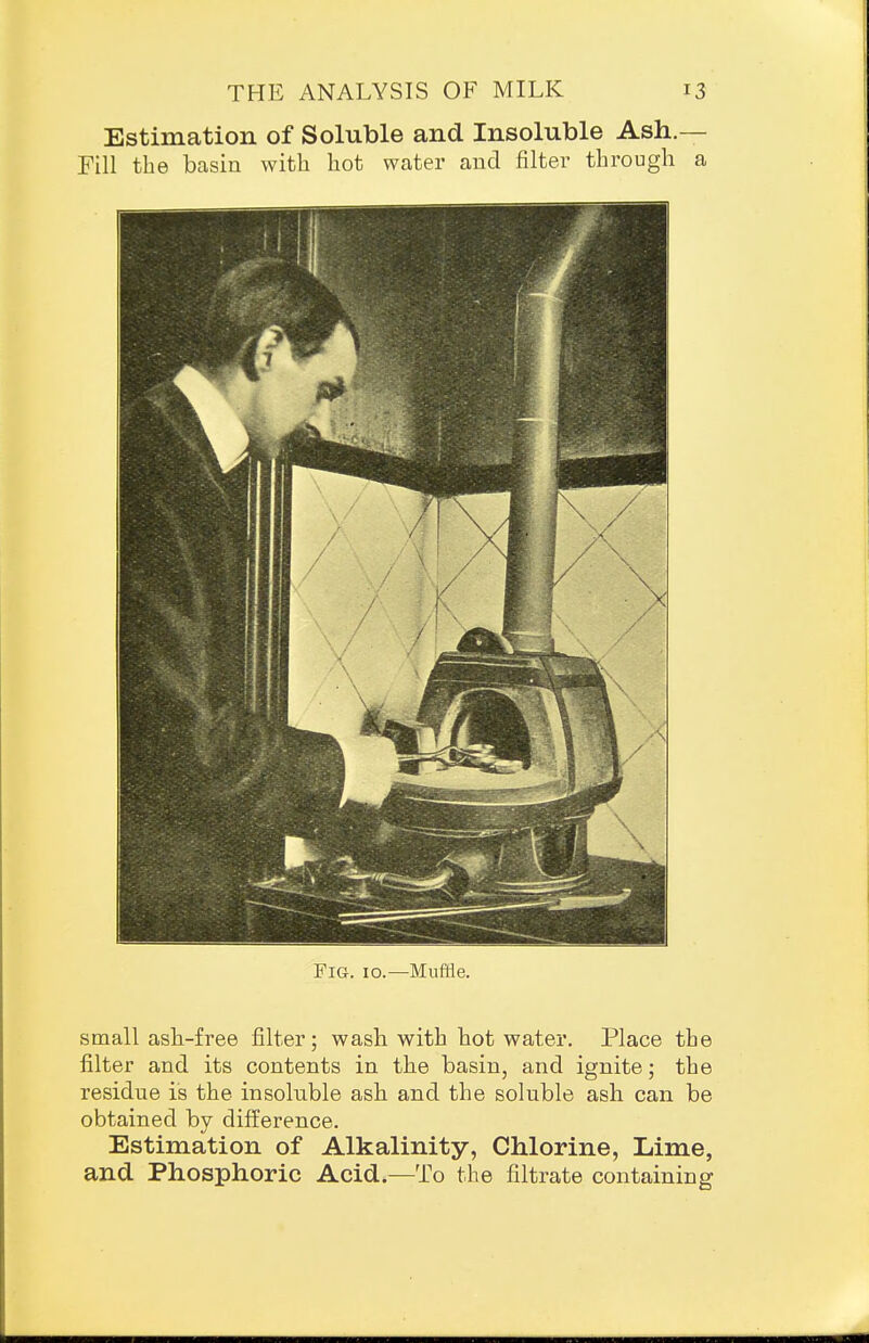 Estimation of Soluble and Insoluble Ash.— Fill the basin witb hot water and filter through a Fig. 10.—Muffle. small asli-free filter; wash with hot water. Place the filter and its contents in the basin, and ignite; the residue is the insoluble ash and the soluble ash can be obtained by difference. Estimation of Alkalinity, Chlorine, Lime, and Phosphoric Acid.—To the filtrate containing