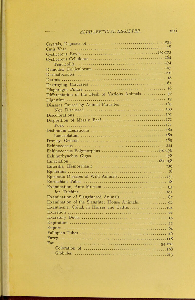 Crystals, Deposits of ^34 Cutis Vera • Cysticercus Bovis I70-I73 Cysticercus Cellulosae ^4 Tenuicollis ^74 Demodex Folliculorum ^^7 Dermatocoptes Dermis Destroying Carcasses Diaphragm Pillars Differentation of the Flesh of Various Animals 56 Digestion ^9 Diseases Caused by Animal Parasites 164 Not Discussed ^99 Discolorations 191 Disposition of Measly Beef 171 Pork 171 Distomum Hepaticum 180 Lanceolatum 180 Dropsy, General i8S Echinococcus 234 Echinococcus Polymorphus 170-176 Echinorhynchus Gigas .- 178 Emaciation 185-198 Enteritis, Hemorrhagic 159 Epidermis 18 Epizootic Diseases of Wild Animals 135 Eustachian Tubes 18 Examination, Ante Mortem 93 for Trichina 202 Examination of Slaughtered Animals 87 Examination of the Slaughter House Animals 92 Exanthema, Coital, in Horses and Cattle 124 Excretion 27 Excretory Ducts 19 Expiration . 22 Export 64 Fallopian Tubes 46 Farcy , 118 Fat • 54-204 Coloration of ,,, ipS Globules ,,,,,, 213