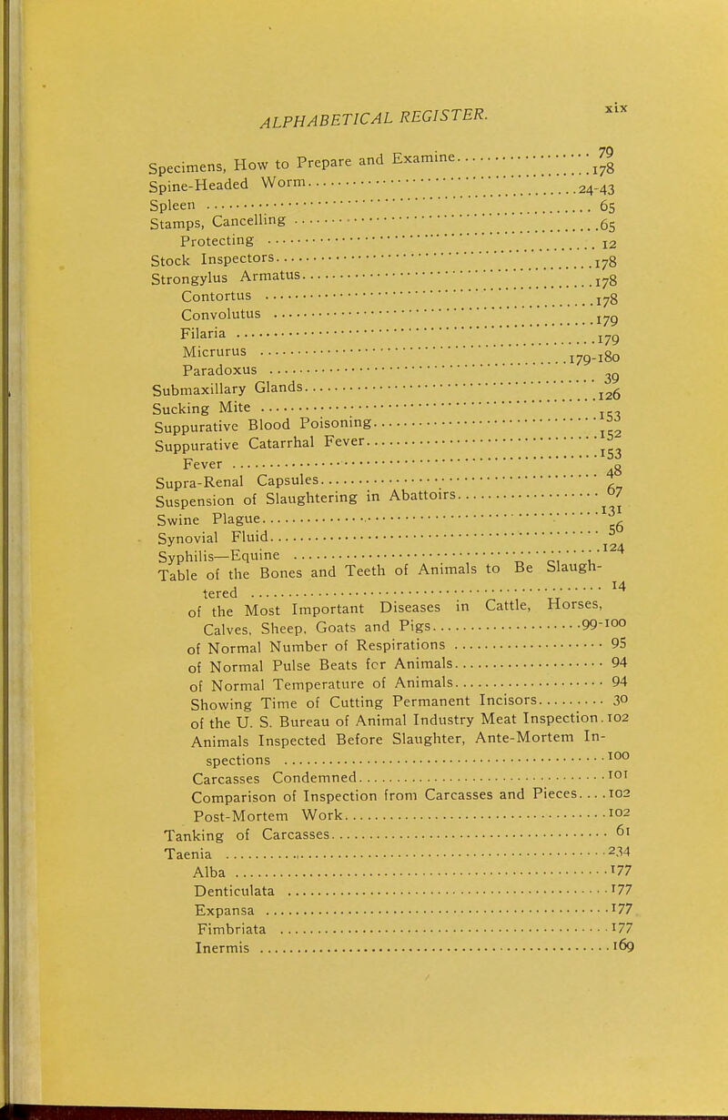 70 Specimens, How to Prepare and Examine ••••^/y Spine-Headed Worm '.'.'.'.'.*.. 24-43 Spleen 65 Stamps, Cancelling • 5^ Protecting ' 12 Stock Inspectors  ^^g Strongylus Armatus 178 Contortus ...178 ConVOlUtUS j^yg Filaria Micrurus .....179-180 Paradoxus ^g Submaxillary Glands 126 Sucking Mite Suppurative Blood Poisonmg Suppurative Catarrhal Fever Fever g Supra-Renal Capsules Suspension of Slaughtering in Abattoirs 07 Swine Plague Synovial Fluid Syphilis—Equine ci u Table of the Bones and Teeth of Animals to Be Slaugh- tered of the Most Important Diseases in Cattle, Horses, Calves, Sheep, Goats and Pigs 99-ioo of Normal Number of Respirations 95 of Normal Pulse Beats fcr Animals 94 of Normal Temperature of Animals 94 Showing Time of Cutting Permanent Incisors 30 of the U. S. Bureau of Animal Industry Meat Inspection. 102 Animals Inspected Before Slaughter, Ante-Mortem In- spections Carcasses Condemned ^oi Comparison of Inspection from Carcasses and Pieces T02 Post-Mortem Work 102 Tanking of Carcasses 61 Taenia 2-^4 Alba 177 Denticulata '77 Expansa ^77 Fimbriata i77 Inermis 169