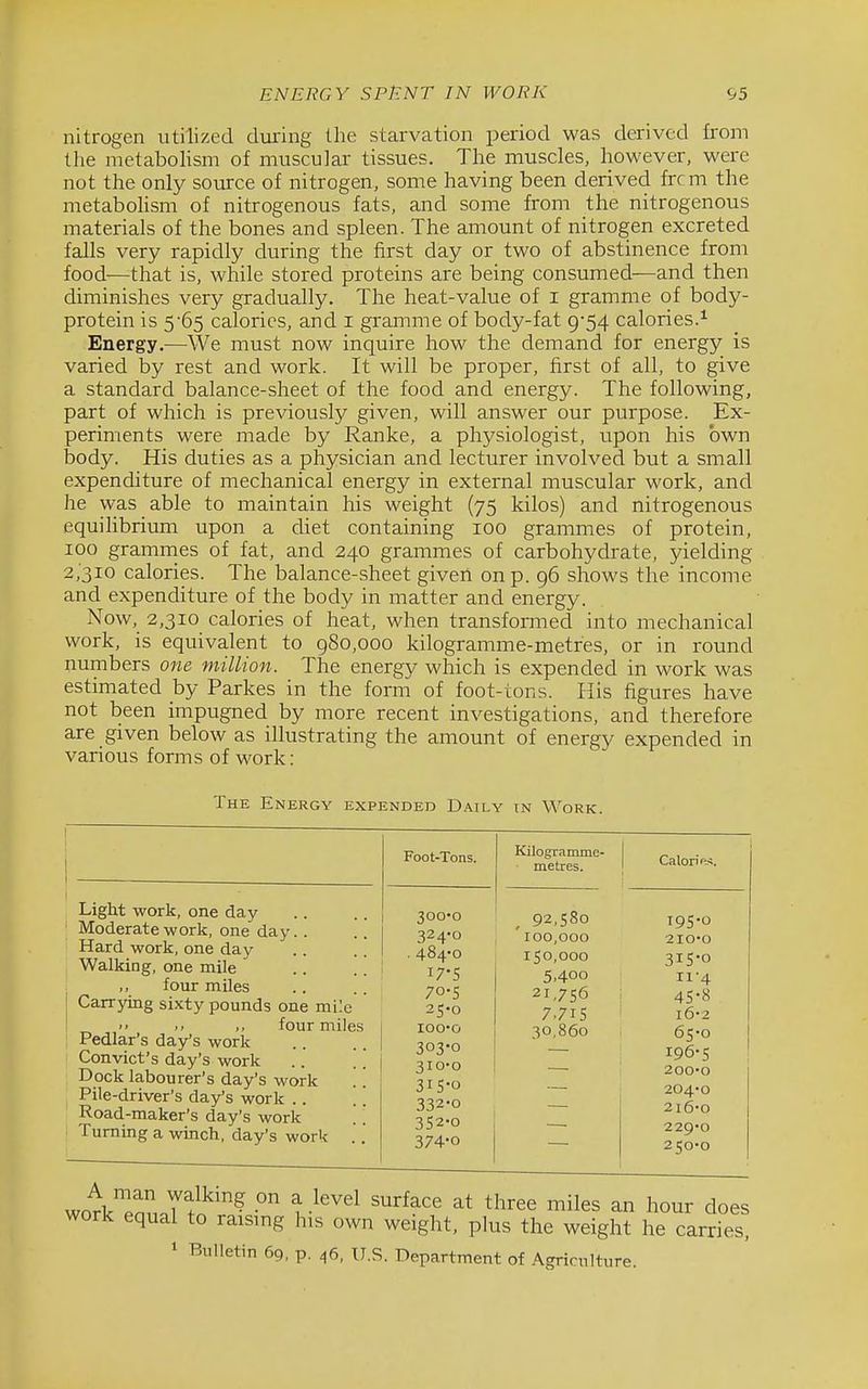 nitrogen utilized during tlie starvation period was derived from the metabolism of muscular tissues. The muscles, however, were not the only source of nitrogen, some having been derived frcm the metaboHsm of nitrogenous fats, and some from the nitrogenous materials of the bones and spleen. The amount of nitrogen excreted falls very rapidly during the first day or two of abstinence from food—that is, while stored proteins are being consumed—and then diminishes very gradually. The heat-value of i gramme of body- protein is 5-65 calorics, and i gramme of body-fat 9-54 calories.^ Energy.—We must now inquire how the demand for energy is varied by rest and work. It will be proper, first of all, to give a standard balance-sheet of the food and energy. The following, part of which is previously given, will answer our purpose. Ex- periments were made by Ranke, a physiologist, upon his own body. His duties as a physician and lecturer involved but a small expenditure of mechanical energy in external muscular work, and he was able to maintain his weight (75 kilos) and nitrogenous equilibrium upon a diet containing 100 grammes of protein, 100 gramrnes of fat, and 240 grammes of carbohydrate, yielding 2,310 calories. The balance-sheet given on p. 96 shows the income and expenditure of the body in matter and energy. Now, 2,310 calories of heat, when transformed into mechanical work, is equivalent to 980,000 kilogramme-metres, or in round numbers one million. The energy which is expended in work was estimated by Parkes in the form of foot-ions. His figures have not been impugned by more recent investigations, and therefore are given below as illustrating the amount of energy expended in various forms of work: The Energy expended Daily in Work. Light work, one day Moderate work, one day Hard work, one day Walking, one mile ,, four miles Carrying sixty pounds one mile >' ,, four miles Pedlar's day's work Convict's day's work .. . . Dock labourer's day's work Pile-driver's day's work . . . . Road-maker's day's work Turning a winch, day's work .. Foot-Tons. Kilogramme- 1 metres. j 300>o 92,580 324-0 100,000 . 484-0 150,000 17-5 5,400 70-S 21,756 1 25-0 7.715 ' lOO'O 30.860 303-0 310-0 315-0 332-0 352-0 374-0 Calorift^. 195- 0 2I0-0 315-0 11-4 4S-8 16-2 65-0 196- 5 200-0 204-0 2l6-0 229-0 250-0 woVZ J tl!'? I ^^^^ ^hree miles an hour does work equal to raismg his own weight, plus the weight he carries,