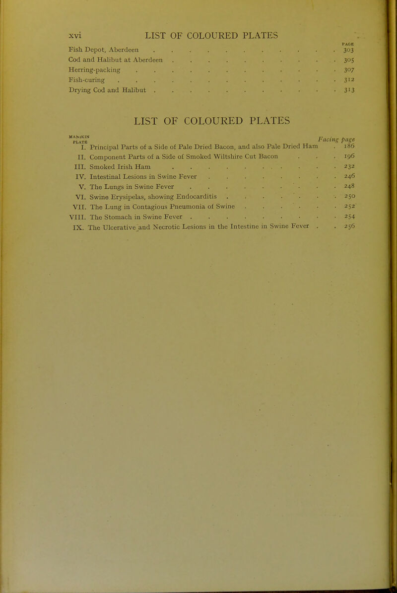 PACE Fish Depot, Aberdeen ........... 303 Cod and Halibut at Aberdeen .......... 305 Herring-packing ............ 3°7 Fish-curing ............. 312 Drying Cod and Halibut . . . . . . . . • • 313 LIST OF COLOURED PLATES MAMKIN r- . , plate Facing page I. Principal Parts of a Side of Pale Dried Bacon, and also Pale Dried Ham . 186 II. Component Parts of a Side of Smoked Wiltshire Cut Bacon . . . 196 III. Smoked Irish Ham . 232 IV. Intestinal Lesions in Swine Fever ........ 246 V. The Lungs in Swine Fever ......... 248 VI. Swine Erysipelas, showing Endocarditis . . . . • • .250 VII. The Lung in Contagious Pneumonia of Swine . . . • • 252' VIII. The Stomach in Swine Fever 254 IX. The Ulcerative and Necrotic Lesions in the Intestine in Swine Fever . .256