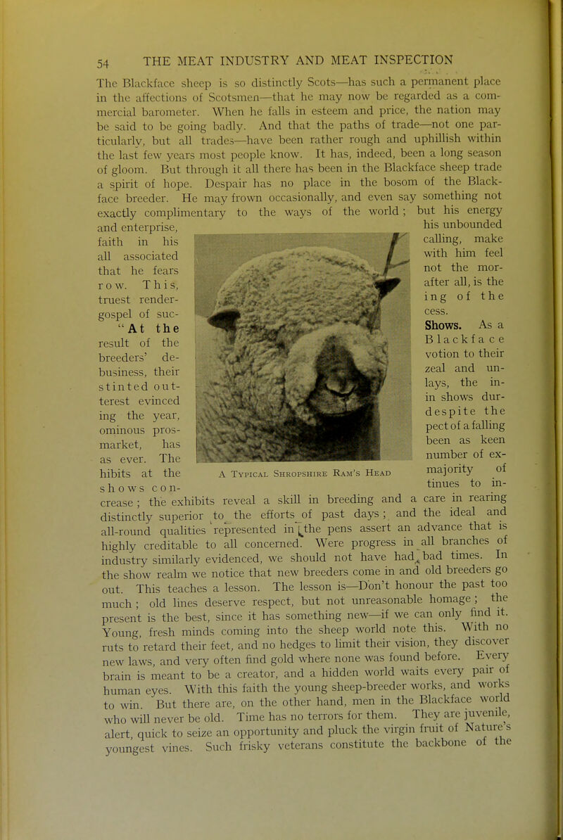 The Blackface sheep is so distinctly Scots—has such a permanent place in the affections of Scotsmen—that he may now be regarded as a com- mercial barometer. When he falls in esteem and price, the nation may be said to be going badly. And that the paths of trade—not one par- ticularly, but all trades—have been rather rough and uphillish within the last few years most people know. It has, indeed, been a long season of gloom. But through it all there has been in the Blackface sheep trade a spirit of hope. Despair has no place in the bosom of the Black- face breeder. He may frown occasionally, and even say something not exactly complimentary to the ways of the world; but his energy and enterprise, faith in his all associated that he fears row. This, truest render- gospel of suc- At the result of the breeders' de- business, their stinted out- terest evinced ing the year, ominous pros- market, has as ever. The hibits at the shows con A Typical Shropshire Ram's Head his unbounded calling, make with him feel not the mor- after all, is the ing of the cess. Shows. As a Blackfa ce votion to their zeal and un- lays, the in- in shows dur- despite the pect of a falling been as keen number of ex- majority of tinues to in- crease ; the exhibits reveal a skill in breeding and a care in rearing distinctly superior to the efforts__of past days ; and the ideal and all-round qualities represented in ^the pens assert an advance that is highly creditable to all concerned. Were progress in all branches of industry similarly evidenced, we should not have hadbad times. In the show realm we notice that new breeders come in and old breeders go out. This teaches a lesson. The lesson is—Don't honour the past too much ; old lines deserve respect, but not unreasonable homage ; the present is the best, since it has something new—if we can only find it. Young, fresh minds coming into the sheep world note this. With no ruts to'retard their feet, and no hedges to limit their vision, they discover new laws, and very often find gold where none was found before. Every brain is meant to be a creator, and a hidden world waits every pair of human eyes. With this faith the young sheep-breeder works, and works to win But there are, on the other hand, men in the Blackface world who will never be old. Time has no terrors for them. They arc juvenile, alert quick to seize an opportunity and pluck the virgin fruit of Naturei s youngest vines. Such frisky veterans constitute the backbone oi the