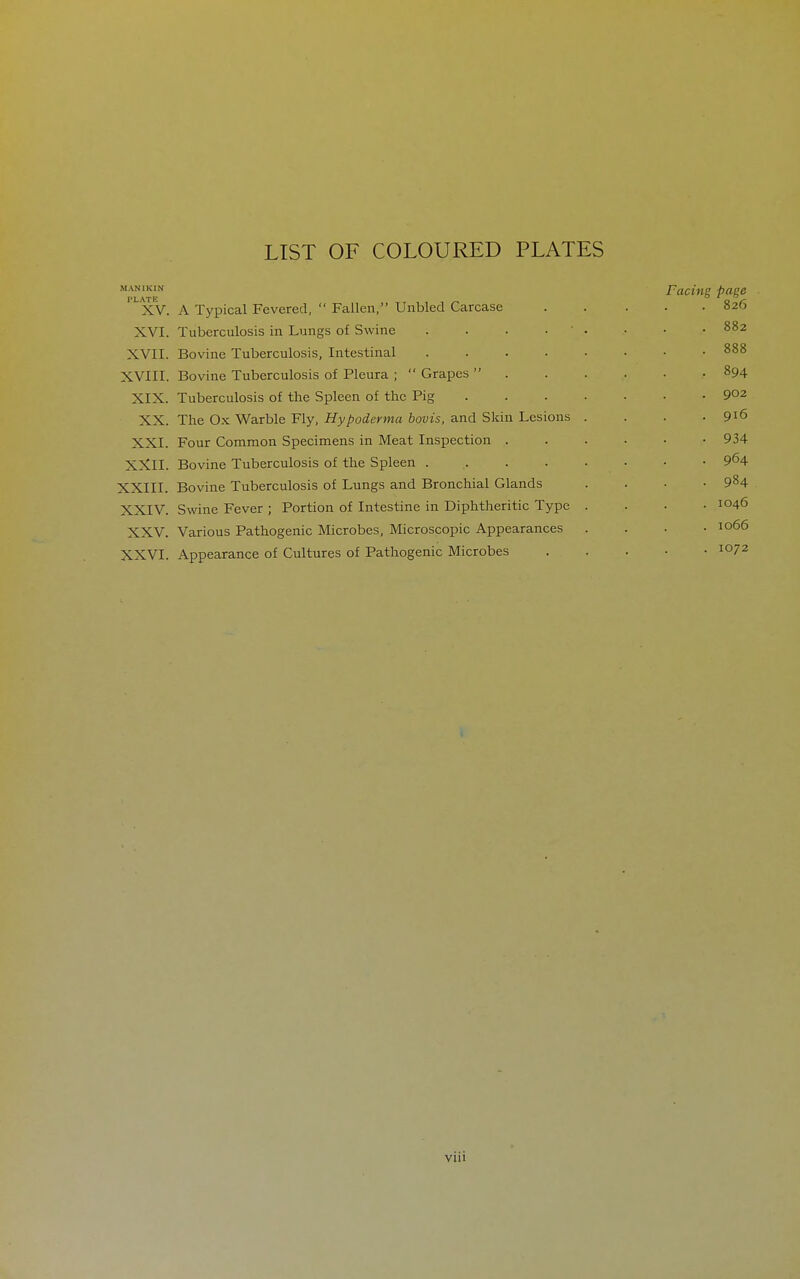 LIST OF COLOURED PLATES MANIKIN Facing page ''XV. A Typical Fevered,  Fallen, Unbled Carcase 826 XVI. Tuberculosis in Lungs of Swine . . . . ' . • • • 882 XVII. Bovine Tuberculosis, Intestinal 888 XVIII. Bovine Tuberculosis of Pleura ;  Grapes  894 XIX. Tuberculosis of the Spleen of the Pig 902 XX. The Ox Warble Fly, Hy/poierwa 6oj;is, and Skin Lesions .... 916 XXI. Four Common Specimens in Meat Inspection 934 XXII. Bovine Tuberculosis of the Spleen . . . . . • • • 964 XXIII. Bovine Tuberculosis of Lungs and Bronchial Glands . . • • 984 XXIV. Swine Fever ; Portion of Intestine in Diphtheritic Type .... 1046 XXV. Various Pathogenic Microbes, Microscopic Appearances .... 1066 XXVI. Appearance of Cultures of Pathogenic Microbes 1072