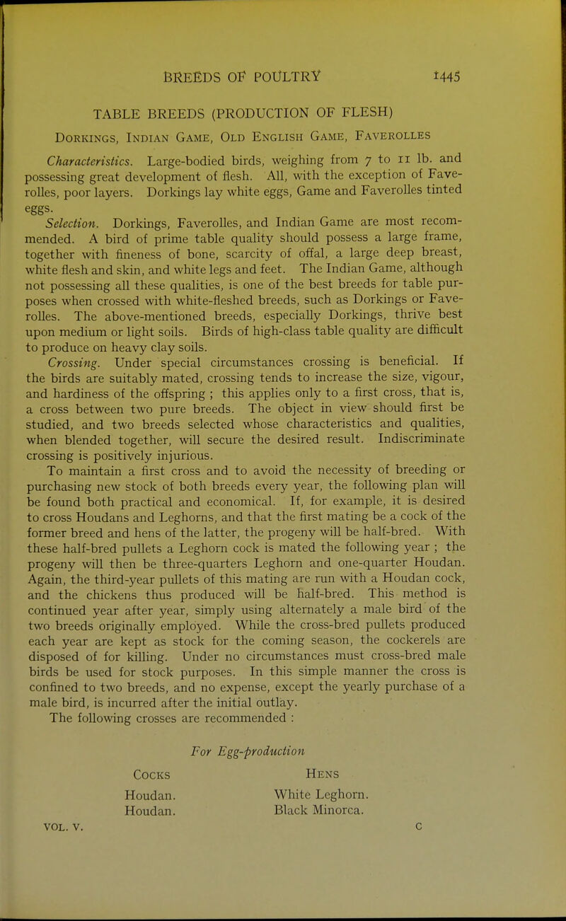 TABLE BREEDS (PRODUCTION OF FLESH) Dorkings, Indian Game, Old English Game, Faverolles Characteristics. Large-bodied birds, weighing from 7 to ii lb. and possessing great development of flesh. All, with the exception of Fave- rolles, poor layers. Dorkings lay white eggs. Game and Faverolles tinted eggs. Selection. Dorkings, Faverolles, and Indian Game are most recom- mended. A bird of prime table quality should possess a large frame, together with fineness of bone, scarcity of offal, a large deep breast, white flesh and skin, and white legs and feet. The Indian Game, although not possessing all these quahties, is one of the best breeds for table pur- poses when crossed with white-fleshed breeds, such as Dorkings or Fave- rolles. The above-mentioned breeds, especially Dorkings, thrive best upon medium or light soils. Birds of high-class table quality are difficult to produce on heavy clay soils. Crossing. Under special circumstances crossing is beneficial. If the birds are suitably mated, crossing tends to increase the size, vigour, and hardiness of the offspring ; this apphes only to a first cross, that is, a cross between two pure breeds. The object in view should first be studied, and two breeds selected whose characteristics and qualities, when blended together, will secure the desired result. Indiscriminate crossing is positively injurious. To maintain a first cross and to avoid the necessity of breeding or purchasing new stock of both breeds every year, the following plan will be found both practical and economical. If, for example, it is desired to cross Houdans and Leghorns, and that the first mating be a cock of the former breed and hens of the latter, the progeny will be half-bred. With these half-bred pullets a Leghorn cock is mated the following year ; the progeny will then be three-quarters Leghorn and one-quarter Houdan. Again, the third-year pullets of this mating are run with a Houdan cock, and the chickens thus produced will be half-bred. This method is continued year after year, simply using alternately a male bird of the two breeds originally employed. While the cross-bred pullets produced each year are kept as stock for the coming season, the cockerels are disposed of for killing. Under no circumstances must cross-bred male birds be used for stock purposes. In this simple manner the cross is confined to two breeds, and no expense, except the yearly purchase of a male bird, is incurred after the initial outlay. The following crosses are recommended : For Egg-production Cocks Hens Houdan. White Leghorn. Houdan. Black Minorca. vol. v. c