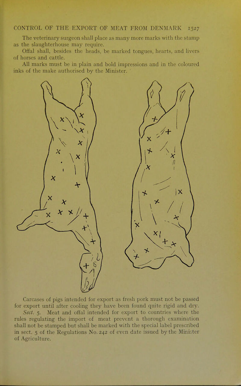 The veterinary surgeon shall place as many more marks with the stamp as the slaughterhouse may require. Offal shall, besides the heads, be marked tongues, hearts, and livers of horses and cattle. All marks must be in plain and bold impressions and in the coloured inks of the make authorised by the Minister. Carcases of pigs intended for export as fresh pork must not be passed for export until after coohng they have been found quite rigid and dry. Sect. 5. Meat and offal intended for export to countries where the rules regulating the import of meat prevent a thorough examination shall not be stamped but shall be marked with the special label prescribed in sect. 5 of the Regulations No. 242 of even date issued by the Minister of Agriculture.