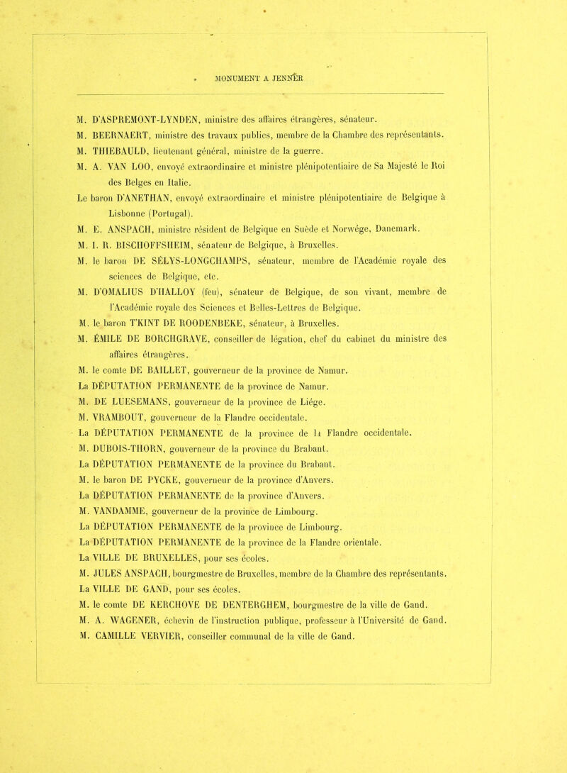 MONUMENT A JENNÈR M. D'ASPREMONT-LYiNDEN, ministre des affaires étrangères, sénateur. M. BEERNAERT, ministre des travaux publics, membre de la Chambre des représentants. M. THIEBAULD, lieutenant général, ministre de la guerre. M. A. VAN LOO, envoyé extraordinaire et ministre plénipotentiaire de Sa Majesté le Roi des Belges en Italie. Le baron D'ANETHAN, envoyé extraordinaire et ministre plénipotentiaire de Belgique à Lisbonne (Portugal). M. E. ANSPACH, ministre résident de Belgique en Suède et Norwége, Danemark. M. l. R. BISCHOFFSHEIM, sénateur de Belgique, à Bruxelles. M. le baron DE SÉLYS-LONGCHAMPS, sénateur, membre de l'Académie royale des sciences de Belgique, etc. M. D'OMALIUS D'IIALLOY (feu), sénateur de Belgique, de son vivant, membre de l'Académie royale des Sciences et Belles-Lettres de Belgique. M. le baron T'KINT DE ROODENBEKE, sénateur, à Bruxelles. M. ÉMILE DE BORGHGRAVE, conseiller de légation, chef du cabinet du ministre des affaires étrangères. M. le comte DE BAILLET, gouverneur de la province de Namur. La DÉPUTATION PERMANENTE de la province de Namur. M. DE LUESEMANS, gouverneur de la province de Liège. M. VRAMBOUT, gouverneur de la Flandre occidentale. La DÉPUTATION PERMANENTE de la province de h Flandre occidentale. M. DUBOIS-THORN, gouverneur de la province du Brabant. La DÉPUTATION PERMANENTE de la province du Brabant. M. le baron DE PYCKE, gouverneur de la province d'Anvers. La DÉPUTATION PERMANENTE de la province d'Anvers. M. VANDAMME, gouverneur de la province de Limbourg. La DÉPUTATION PERMANENTE de la province de Limbourg. La DÉPUTATION PERMANENTE de la province de la Flandre orientale. La VILLE DE BRUXELLES, pour ses écoles. M. JULES ANSPACH, bourgmestre de Bruxelles, membre de la Chambre des représentants. La VILLE DE GAND, pour ses écoles. M. le comte DE KERCHOVE DE DENTEHGHEM, bourgmestre de la ville de Gand. M. A. WAGENER, échevin de l'instruction publique, professeur à l'Université de Gand,