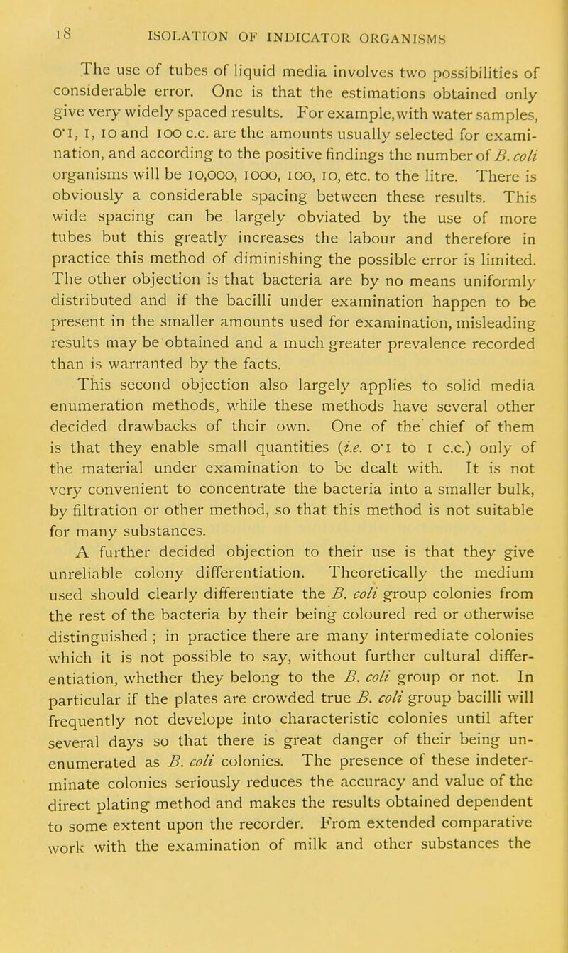 lS The use of tubes of liquid media involves two possibilities of considerable error. One is that the estimations obtained only give very widely spaced results. For example, with water samples, o-i, I, 10 and 100 c.c. are the amounts usually selected for exami- nation, and according to the positive findings the number of B. coli organisms will be 10,000, 1000, 100, 10, etc. to the litre. There is obviously a considerable spacing between these results. This wide spacing can be largely obviated by the use of more tubes but this greatly increases the labour and therefore in practice this method of diminishing the possible error is limited. The other objection is that bacteria are by no means uniformly distributed and if the bacilli under examination happen to be present in the smaller amounts used for examination, misleading results may be obtained and a much greater prevalence recorded than is warranted by the facts. This second objection also largely applies to solid media enumeration methods, while these methods have several other decided drawbacks of their own. One of the chief of them is that they enable small quantities {i.e. O'l to 1 c.c.) only of the material under examination to be dealt with. It is not very convenient to concentrate the bacteria into a smaller bulk, by filtration or other method, so that this method is not suitable for many substances. A further decided objection to their use is that they give unreliable colony differentiation. Theoretically the medium used should clearly differentiate the B. coli group colonies from the rest of the bacteria by their being coloured red or otherwise distinguished ; in practice there are many intermediate colonies which it is not possible to say, without further cultural differ- entiation, whether they belong to the B. coli group or not. In particular if the plates are crowded true B. coli group bacilli will frequently not develope into characteristic colonies until after several days so that there is great danger of their being un- enumerated as B. coli colonies. The presence of these indeter- minate colonies seriously reduces the accuracy and value of the direct plating method and makes the results obtained dependent to some extent upon the recorder. From extended comparative work with the examination of milk and other substances the