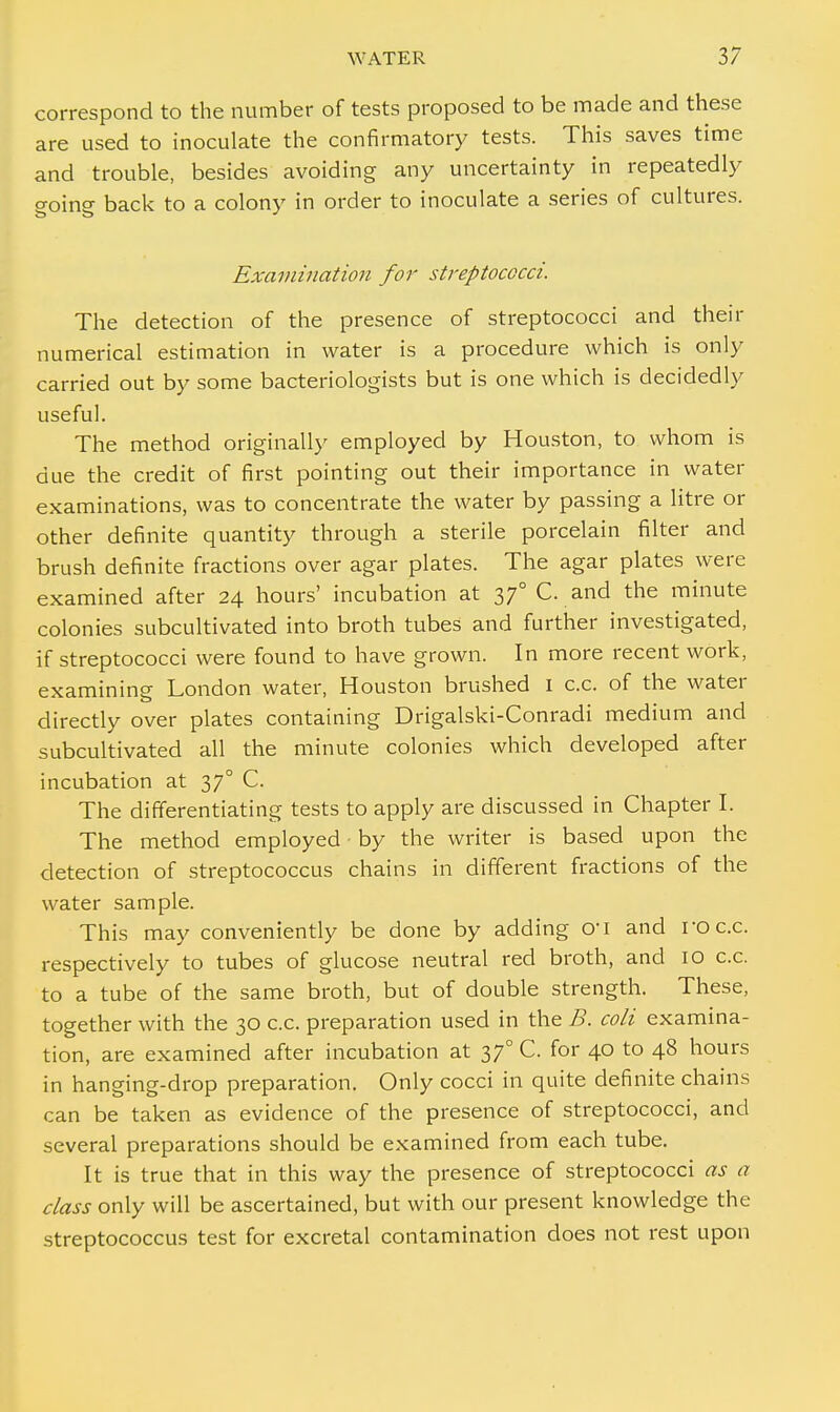correspond to the number of tests proposed to be made and these are used to inoculate the confirmatory tests. This saves time and trouble, besides avoiding any uncertainty in repeatedly going back to a colony in order to inoculate a series of cultures. Examination for streptococci. The detection of the presence of streptococci and their numerical estimation in water is a procedure which is only carried out by some bacteriologists but is one which is decidedly useful. The method originally employed by Houston, to whom is due the credit of first pointing out their importance in water examinations, was to concentrate the water by passing a litre or other definite quantity through a sterile porcelain filter and brush definite fractions over agar plates. The agar plates were examined after 24 hours' incubation at 370 C. and the minute colonies subcultivated into broth tubes and further investigated, if streptococci were found to have grown. In more recent work, examining London water, Houston brushed 1 c.c. of the water directly over plates containing Drigalski-Conradi medium and subcultivated all the minute colonies which developed after incubation at 370 C. The differentiating tests to apply are discussed in Chapter I. The method employed by the writer is based upon the detection of streptococcus chains in different fractions of the water sample. This may conveniently be done by adding cri and ro c.c. respectively to tubes of glucose neutral red broth, and 10 c.c. to a tube of the same broth, but of double strength. These, together with the 30 c.c. preparation used in the B. coli examina- tion, are examined after incubation at 370 C. for 40 to 48 hours in hanging-drop preparation. Only cocci in quite definite chains can be taken as evidence of the presence of streptococci, and several preparations should be examined from each tube. It is true that in this way the presence of streptococci as a class only will be ascertained, but with our present knowledge the streptococcus test for excretal contamination does not rest upon