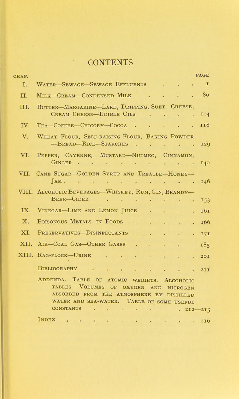 • CONTENTS CHAP. PAGE I. Water—Sewage—Sewage Effluents . . . i II. Milk—Cream—Condensed Milk . . . . 8o III. Butter—^Margarine—Lard, Dripping, Suet—Cheese, Cream Cheese—Edible Oils .... 104 IV. Tea—Coffee—Chicory—Cocoa 118 V. Wheat Flour, Self-raising Flour, Baking Powder —Bread—Rice—Starches . . . . .129 VI. Pepper, Cayenne, Mustard—Nutmeg, Cinnamon, Ginger 140 VII. Cane Sugar—Golden Syrup and Treacle—Honey— Jam 146 VIII. Alcoholic Beverages—Whiskey, Rum, Gin, Brandy— Beer—Cider ....... 153 IX. Vinegar—Lime and Lemon Juice .... 161 X. Poisonous Metals in Foods 166 XI. Preservatives—Disinfectants 171 XII. Air—Coal Gas—Other Gases 185 XIII. Rag-flock—Urine 201 Bibliography 211 Addenda. Table of atomic weights. Alcoholic tables. Volumes of oxygen and nitrogen absorbed from the atmosphere by distilled WATER AND SEA-WATER. TaBLE OF SOME USEFUL constants 212 215 Index i 216