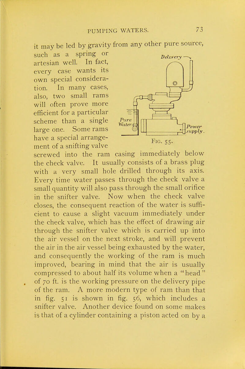 Ddivery ■ it may be led by gravity from any other pure source, such as a spring or artesian well. In fact, every case wants its own special considera- tion. In many cases, also, two small rams will often prove more efficient for a particular scheme than a single large one. Some rams have a special arrange- ment of a snifting valve screwed into the ram the check valve, with Pure Water. Power ^supply. Fig. 55. casing immediately below It usually consists of a brass plug a very small hole drilled through its axis. Every time water passes through the check valve a small quantity will also pass through the small orifice in the snifter valve. Now when the check valve closes, the consequent reaction of the water is suffi- cient to cause a slight vacuum immediately under the check valve, which has the effect of drawing air through the snifter valve which is carried up into the air vessel on the next stroke, and will prevent the air in the air vessel being exhausted by the water, and consequently the working of the ram is much improved, bearing in mind that the air is usually compressed to about half its volume when a head  of 70 ft. is the working pressure on the delivery pipe of the ram. A more modern type of ram than that in fig. 51 is shown in fig. 56, which includes a snifter valve. Another device found on some makes is that of a cylinder containing a piston acted on by a