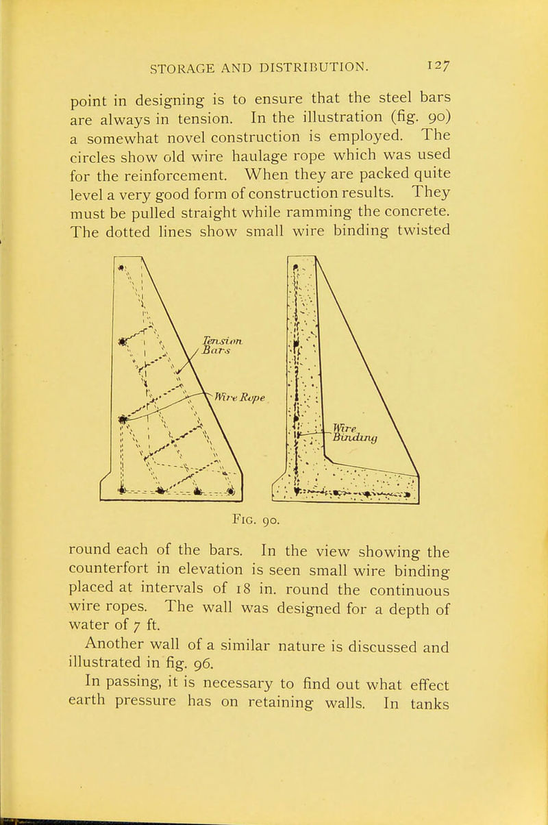 point in designing is to ensure that the steel bars are always in tension. In the illustration (fig. 90) a somewhat novel construction is employed. The circles show old wire haulage rope which was used for the reinforcement. When they are packed quite level a very good form of construction results. They must be pulled straight while ramming the concrete. The dotted lines show small wire binding twisted Fig. 90. round each of the bars. In the view showing the counterfort in elevation is seen small wire binding placed at intervals of 18 in. round the continuous wire ropes. The wall was designed for a depth of water of 7 ft. Another wall of a similar nature is discussed and illustrated in fig. 96. In passing, it is necessary to find out what effect earth pressure has on retaining walls. In tanks