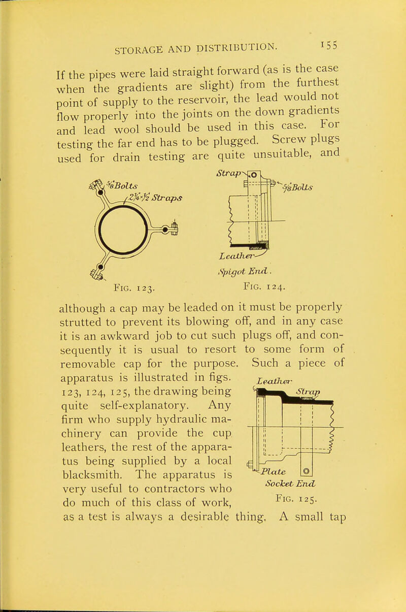 If the pipes were laid straight forward (as is the case when the gradients are sUght) from the furthest point of supply to the reservoir, the lead would not flow properly into the joints on the down gradients and lead wool should be used in this case. For testing the far end has to be plugged. Screw plugs used for drain testing are quite unsuitable, and Strap^^ Straps ■^aBoUs YiG. 123. Lcaiher- Spigot End. Fig. 124. Le-atlver although a cap may be leaded on it must be strutted to prevent its blowing off, and in it is an awkward job to cut such plugs off, sequently it is usual to resort to some removable cap for the purpose. Such a apparatus is illustrated in figs. 123, 124, 125, the drawing being quite self-explanatory. Any firm who supply hydraulic ma- chinery can provide the cup leathers, the rest of the appara- tus being supplied by a local blacksmith. The apparatus is very useful to contractors who do much of this class of work, as a test is always a desirable thing. properly any case and con- form of piece of