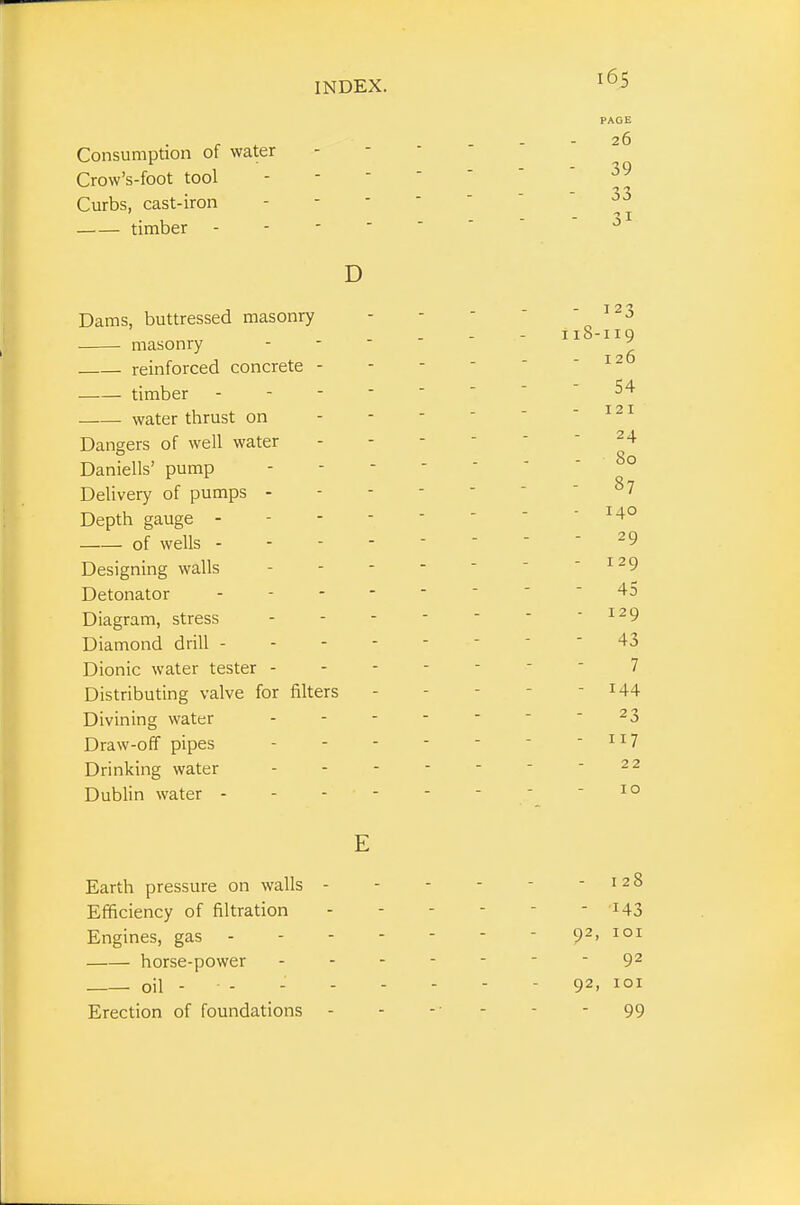 Consumption of water Crow's-foot tool Curbs, cast-iron timber - - - ' D Dams, buttressed masonry masonry reinforced concrete - timber - - - ' . water thrust on Dangers of well water Daniells' pump Delivery of pumps - Depth gauge - - - - of wells - - - • Designing walls Detonator - - - ■ Diagram, stress Diamond drill - Dionic water tester - Distributing valve for filters Divining water Draw-off pipes Drinking water Dublin water - E Earth pressure on walls - Efificiency of filtration Engines, gas horse-power oil - - Erection of foundations 165 PAGE - 26 39 33 - 31 - 123 118-119 126 - 54 121 24 - 80 - 87 140 29 129 - 45 129 43 7 - 144 23 - 117 22 10 - 128 - -143 92, lOI - 92 92, lOI - 99