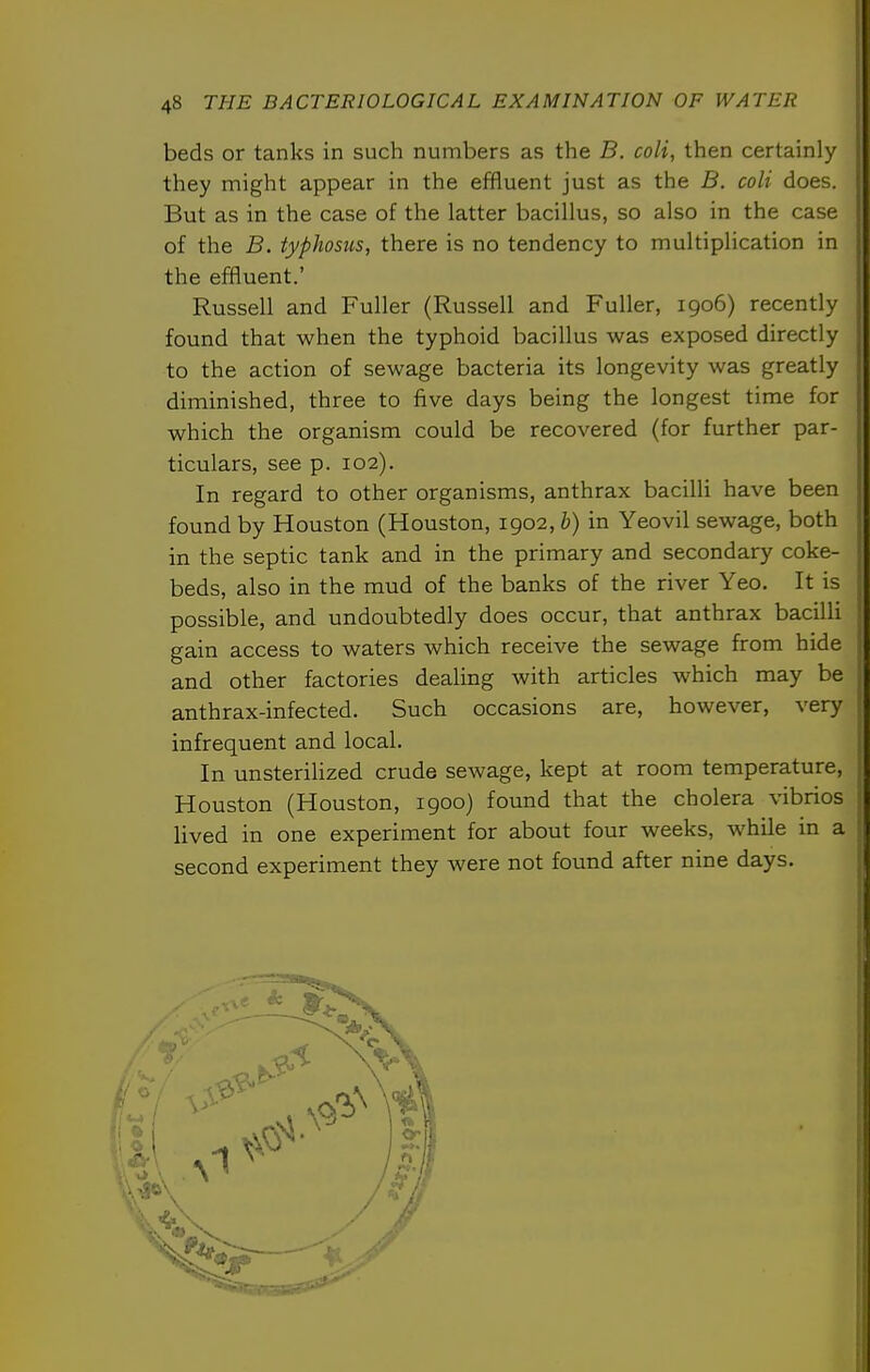 beds or tanks in such numbers as the B. coli, then certainly they might appear in the effluent just as the B. coli does. But as in the case of the latter bacillus, so also in the case of the B. typhosus, there is no tendency to multiplication in the effluent.' Russell and Fuller (Russell and Fuller, 1906) recently found that when the typhoid bacillus was exposed directly to the action of sewage bacteria its longevity was greatly diminished, three to five days being the longest time for which the organism could be recovered (for further par- ticulars, see p. 102). In regard to other organisms, anthrax bacilli have been found by Houston (Houston, 1902, b) in Yeovil sewage, both in the septic tank and in the primary and secondary coke- beds, also in the mud of the banks of the river Yeo. It is possible, and undoubtedly does occur, that anthrax bacilli gain access to waters which receive the sewage from hide and other factories dealing with articles which may be anthrax-infected. Such occasions are, however, very infrequent and local. In unsterilized crude sewage, kept at room temperature, Houston (Houston, 1900) found that the cholera vibrios lived in one experiment for about four weeks, while in a second experiment they were not found after nine days.