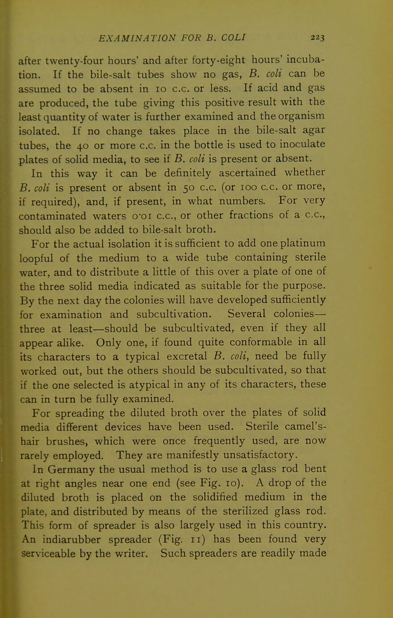 after twenty-four hours' and after forty-eight hours' incuba- tion. If the bile-salt tubes show no gas, B. coli can be assumed to be absent in 10 c.c. or less. If acid and gas are produced, the tube giving this positive result with the least quantity of water is further examined and the organism isolated. If no change takes place in the bile-salt agar tubes, the 40 or more c.c. in the bottle is used to inoculate plates of solid media, to see if B. coli is present or absent. In this way it can be definitely ascertained whether B. coli is present or absent in 50 c.c. (or 100 c.c. or more, if required), and, if present, in what numbers. For very contaminated waters o-oi c.c, or other fractions of a c.c, should also be added to bile-salt broth. For the actual isolation it is sufficient to add one platinum loopful of the medium to a wide tube containing sterile water, and to distribute a little of this over a plate of one of the three solid media indicated as suitable for the purpose. By the next day the colonies will have developed sufficiently for examination and subcultivation. Several colonies— three at least—should be subcultivated, even if they all appear aUke. Only one, if found quite conformable in all its characters to a typical excretal B. coli, need be fully worked out, but the others should be subcultivated, so that if the one selected is atypical in any of its characters, these can in turn be fully examined. For spreading the diluted broth over the plates of solid media different devices have been used. Sterile camel's- hair brushes, which were once frequently used, are now rarely employed. They are manifestly unsatisfactory. In Germany the usual method is to use a glass rod bent at right angles near one end (see Fig. 10). A drop of the diluted broth is placed on the solidified medium in the plate, and distributed by means of the sterilized glass rod. This form of spreader is also largely used in this country. An indiarubber spreader (Fig. 11) has been found very serviceable by the writer. Such spreaders are readily made