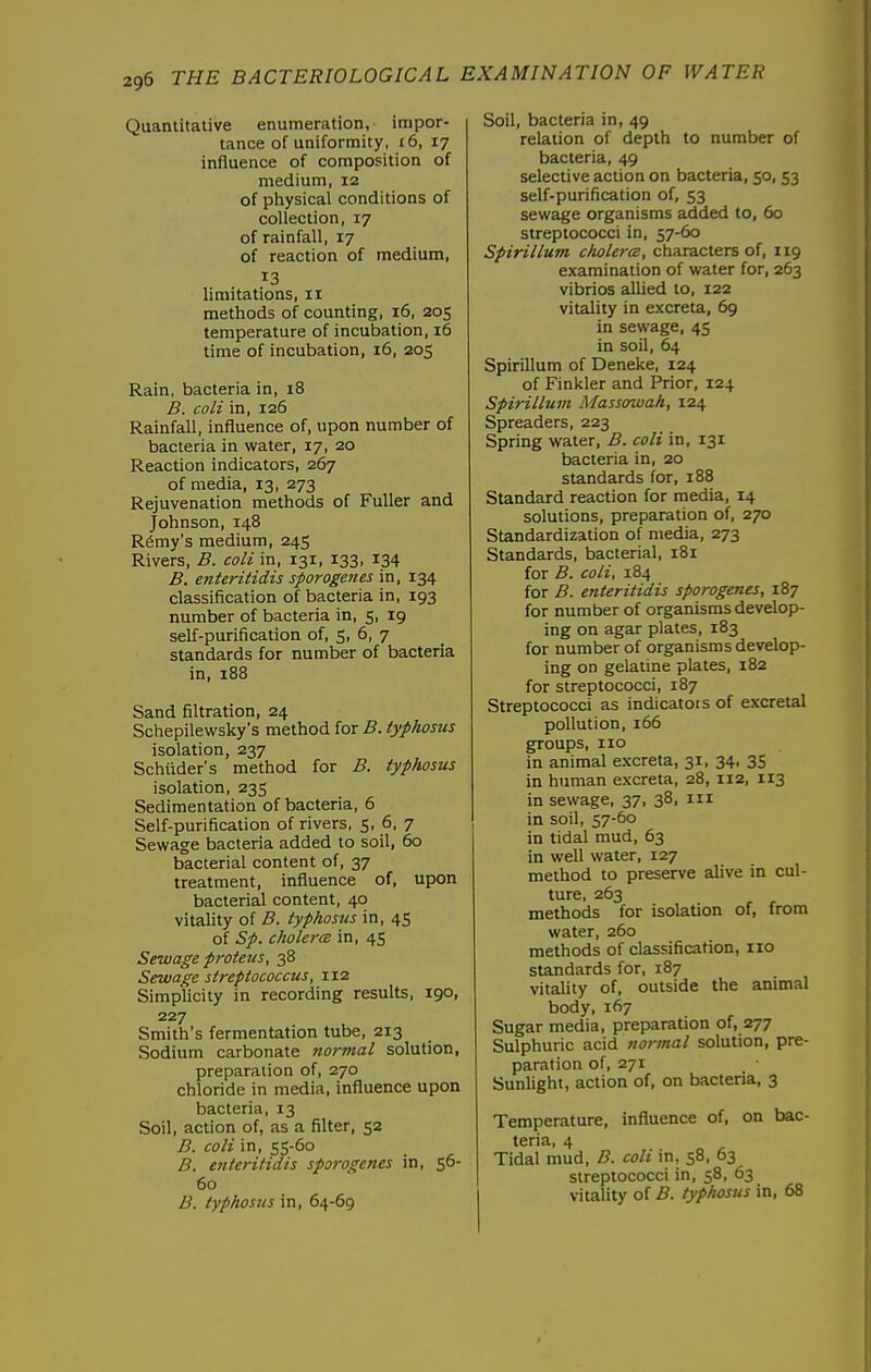 Quantitative enumeration, impor- tance of uniformity, 16, 17 influence of composition of medium, 12 of physical conditions of collection, 17 of rainfall, 17 of reaction of medium, 13 limitations, 11 methods of counting, 16, 205 temperature of incubation, 16 time of incubation, 16, 205 Rain, bacteria in, 18 B. coli in, 126 Rainfall, influence of, upon number of bacteria in water, 17, 20 Reaction indicators, 267 of media, 13, 273 Rejuvenation methods of Fuller and Johnson, 148 R6my's medium, 245 Rivers, B. coli in, 131, 133, 134 B. enteritidis sporogeties in, 134 classification of bacteria in, 193 number of bacteria in, 5, 19 self-purification of, S, 6, 7 standards for number of bacteria in, 188 Sand filtration, 24 Schepilewsky's method for B. typhosus isolation, 237 Schiider's method for B. typhosus isolation, 235 Sedimentation of bacteria, 6 Self-purification of rivers, S, 6, 7 Sewage bacteria added to soil, 60 bacterial content of, 37 treatment, influence of, upon bacterial content, 40 vitality of B. typhostis in, 45 of Sp. cholertB in, 45 Sewage proteus, 38 Sewage streptococcus, 112 Simplicity in recording results, 190, 227 Smith's fermentation tube, 213 Sodium carbonate normal solution, preparation of, 270 chloride in media, influence upon bacteria, 13 Soil, action of, as a filter, 52 B. coli in, 55-60 B. enteritidis sporo^enes in, 56- 60 B. typhosus in, 64-69 Soil, bacteria in, 49 relation of depth to number of bacteria, 49 selective action on bacteria, 50,53 self-purification of, 53 sewage organisms added to, 60 streptococci in, 57-60 Spirillum cholera, characters of, 119 examination of water for, 263 vibrios allied to, 122 vitality in excreta, 69 in sewage, 45 in soil, 64 Spirillum of Deneke, 124 of Finkler and Prior, 124 Spirillum Massowah, 124 Spreaders, 223 Spring water, B. coli in, 131 bacteria in, 20 standards for, 188 Standard reaction for media, 14 solutions, preparation of, 270 Standardization of media, 273 Standards, bacterial, 181 for B. coli, 184 for B. enteritidis sporogenes, 187 for number of organisms develop- ing on agar plates, 183 for number of organisms develop- ing on gelatine plates, 182 for streptococci, 187 Streptococci as indicators of excretal pollution, 166 groups, 110 in animal excreta, 31, 34, 35 in human excreta, 28, 112, 113 in sewage, 37, 38, iii in soil, 57-60 in tidal mud, 63 in well water, 127 method to preserve alive in cul- ture, 263 methods for isolation of, from water, 260 methods of classification, no standards for, 187 vitality of, outside the animal body, 167 Sugar media, preparation of, 277 Sulphuric acid normal solution, pre- paration of, 271 Sunlight, action of, on bacteria, 3 Temperature, influence of, on bac- teria, 4 Tidal mud, B. coli in, 58, 63 streptococci in, 58, 63 vitality of B. typhostis in, 68