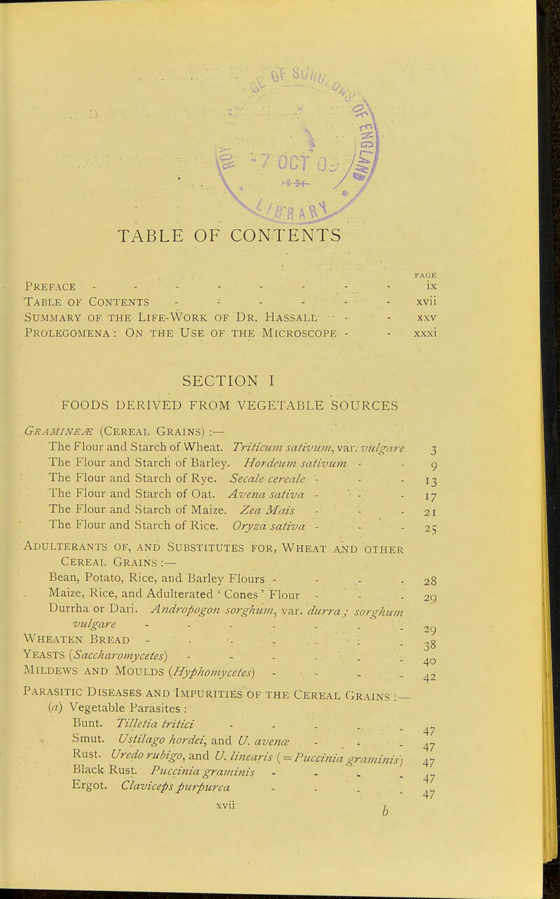 X TABLE OF CONTENTS Preface ------ Table of Contents = Summary of the Life-Work of Dr. Hassall Prolegomena: On the Use of the Microscope PAGE ix xvii XXV xxxi SECTION I FOODS DERIVED FROM VEGETABLE SOURCES Gramine^e (Cereal Grains) :— The Flour and Starch of Wheat. Triticum sativum, var. vklgare 3 The Flour and Starch of Barley. Hordeum sativum - - 9 The Flour and Starch of Rye. Secale cereale - - 13 The Flour and Starch of Oat. Avena saliva - - 17 The Flour and Starch of Maize. Zea Mais - - - 21 The Flour and Starch of Rice. Oryza sativa - - 2$ Adulterants of, and Substitutes for, Wheat and other Cereal Grains :— Bean, Potato, Rice, and Barley Flours - - - 28 Maize, Rice, and Adulterated ' Cones ' Flour - - - 29 Durrha or Dari. Andropogon sorghum, var. durra j sorglium vulgare - - - - . • ■ Wheaten Bread - - i . - • Yeasts {Saccharomycetes) - Mildews and Moulds {Hyphomycetes) - Parasitic Diseases and Impurities of the Cereal Grains :• (a) Vegetable Parasites : Bunt. Tilletia tritici - Smut. Ustilago hordei, and U. avence Rust. Uredo rubigo, and U. linearis { = Puccinia graminis) 47 I Hack Rust. Puccinia graminis - Ergot. Claviceps purpurea 29 38 40 42 47 47 47 47