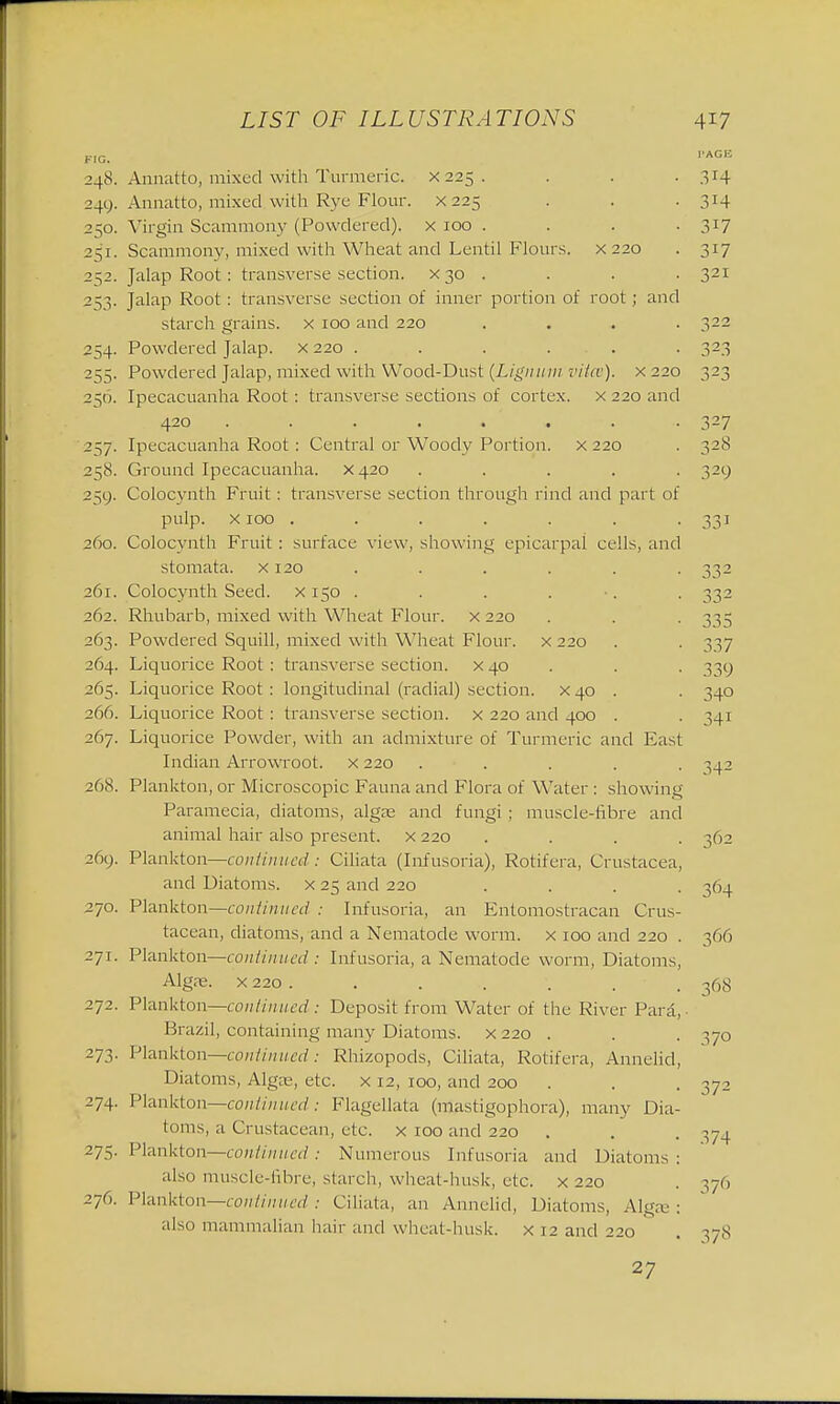 PAGE FIG. 248. Annatto, mixed with Turmeric. X225. . . . 314 249. Annatto, mixed, with Rye Flour. X225 . . . 314 250. Virgin Scammony (Powdered), x 100 .... 317 251. Scammony, mixed with Wheat and Lentil Flours, x 220 . 317 252. Jalap Root: transverse section. X30 . . . . 321 253. Jalap Root : transverse section of inner portion of root; and starch grains, x 100 and 220 .... 322 254. Powdered Jalap, x 220 ...... 323 255. Powdered Jalap, mixed with Wood-Dust (Lignum vitas), x 220 323 256. Ipecacuanha Root: transverse sections of cortex, x 220 and 420 . . . . . . .327 257. Ipecacuanha Root : Central or Woody Portion, x 220 . 328 258. Ground Ipecacuanha. X420 ..... 329 259. Colocynth Fruit : transverse section through rind and part of pulp, x 100 . . . . . . . 331 260. Colocynth Fruit : surface view, showing epicarpal cells, and stomata. x 120 . . . . . . 332 261. Colocynth Seed, x 150 . . . . •. . 332 262. Rhubarb, mixed with Wheat Flour, x 220 . . . 335 263. Powdered Squill, mixed with Wheat Flour, x 220 . -337 264. Liquorice Root : transverse section, x 40 . . 339 265. Liquorice Root : longitudinal (radial) section, x 40 . . 340 266. Liquorice Root: transverse section, x 220 and 400 . . 341 267. Liquorice Powder, with an admixture of Turmeric and East Indian Arrowroot, x 220 ..... ^42 268. Plankton, or Microscopic Fauna and Flora of Water : showing Paramecia, diatoms, alga? and fungi ; muscle-fibre and animal hair also present, x 220 .... 362 269. Plankton—continued : Ciliata (Infusoria), Rotifera, Crustacea, and Diatoms, x 25 and 220 .... 364 270. Plankton—continued : Infusoria, an Entomostracan Crus- tacean, diatoms, and a Nematode worm, x 100 and 220 . 366 271. Plankton—continued: Infusoria, a Nematode worm, Diatoms, Algas. X220. . . . '. . . 368 272. Plankton—continued: Deposit from Water of the River Para, • Brazil, containing many Diatoms, x 220 . . . 370 273. Plankton—continued: Rhizopods, Ciliata, Rotifera, Annelid, Diatoms, Algai, etc. x 12, 100, and 200 . . . 372 274. Plankton—continued: Flagellata (mastigophora), many Dia- toms, a Crustacean, etc. x 100 and 220 . . . 374 275. Plankton—continued : Numerous Infusoria and Diatoms ; also muscle-fibre, starch, wheat-husk, etc. x 220 . ^70 276. Plankton—continued : Ciliata, an Annelid, Diatoms, Algae : also mammalian han-and w heat-husk. x 12 and 220 . -,7s 27