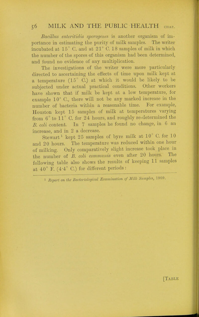 Bacillus enteritidis sporogenes is another organism of im- portance in estimating the purity of milk samples. The writer incubated at 15° C. and at 21° C. 18 samples of milk in which the number of the spores of this organism had been determined, and found no evidence of any multiplication. The investigations of the Avriter were more particularly directed to ascertaining the effects of time upon milk kept at a temperature (15° C.) at which it would be likely to be subjected under actual practical conditions. Other workers have shown that if milk be kept at a low temperature, for example 10° C, there will not be any marked increase in the number of bacteria within a reasonable time. Tor example, Houston kept 15 samples of milk at temperatures varying from 6° to 11° C. for 24 hours, and roughly re-determined the B. coli content. In 7 samples he found no change, in 6 an increase, and in 2 a decrease. Stewart^ kept 25 samples of byre milk at 10° C. for 10 and 20 hours. The temperature was reduced within one hour of milking. Only comparatively slight increase took place in the number of B. coli communis even after 20 hours. The following table also shows the results of keeping 11 samples at 40° F. (4-4° C.) for different periods : 1 Bcport on the-Bacteriological Examination of Milk Samples, 1909. [Table