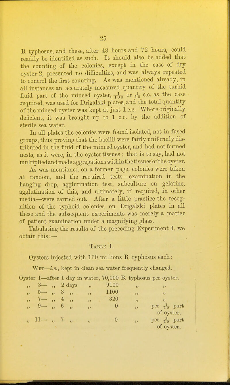 B. typhosus, and these, after 48 hours and 72 hours, could readily be identified as such. It should also be added that the counting of the colonies, except in the case of dry oyster 2, presented no difficulties, and was always repeated to control the first counting. As was mentioned already, in all instances an accurately measured quantity of the turbid fluid part of the minced oyster, j^-q or c.c. as the case required, was used for Drigalski plates, and the total quantity of the minced oyster was kept at just 1 c.c. Where originally deficient, it was brought up to 1 c.c. by the addition of sterile sea water. In all plates the colonies were found isolated, not in fused groups, thus proving that the bacilli were fairly uniformly dis- tributed in the fluid of the minced oyster, and had not formed nests, as it were, in the oyster tissues ; that is to say, had not multiplied and made aggregations within the tissues of the oyster. As was mentioned on a former page, colonies were taken at random, and the required tests—examination in the hanging drop, agglutination test, subculture on gelatine, agglutination of this, and ultimately, if required, in other media—were carried out. After a little practice the recog- nition of the typhoid colonies on Drigalski plates in all these and the subsequent experiments was merely a matter of patient examination under a magnifying glass. Tabulating the results of the preceding Experiment I. we obtain this:— Table I. Oysters injected with 160 millions B. typhosus each: Wet—i.e., kept in clean sea water frequently changed. Oyster 1—after 1 day in water, 70,000 B. typhosus per oyster. „ 3— „ 2 days „ 9100 „ 5— ,, 3 ,, ,, 1100 ,, „ 5» )j 4 ,, 320 ,, „ 9— „ 6 „ „ 0 „ per part of oyster. „ 11— „ 7 „ „ 0 „ per ^\ part of oyster.