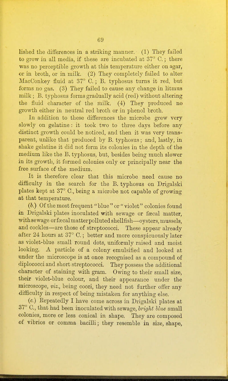 lished the differences in a striking manner. (1) They failed to grow in all media, if these are incubated at 37° C.; there was no perceptible growth at this temperature either on agar, or in broth, or in milk. (2) They completely failed to alter MacConkey fluid at 37° C. ; B. typhosus turns it red, but forms no gas. (3) They failed to cause any change in litmus milk ; B. typhosus forms gradually acid (red) without altering the fluid character of the milk. (4) They produced no growth either in neutral red broth or in phenol broth. In addition to these differences the microbe grew very slowly on gelatine : it took two to three days before any distinct growth could be noticed, and then it was very trans- parent, unlike that produced by B. typhosus; and, lastly, in shake gelatine it did not form its colonies in the depth of the medium like the B. typhosus, but, besides being much slower in its growth, it formed colonies only or principally near the free surface of the medium. It is therefore clear that this microbe need cause no difficulty in the search for the B. typhosus on Drigalski plates kept at 37° C, being a microbe not capable of growing at that temperature. (b.) Of the most frequent blue or violet colonies found in Drigalski plates inoculated with sewage or f»cal matter, with sewage or fsecalmatterpoUuted shellfish—oysters, mussels, and cockles—are those of streptococci. These appear already after 24 hours at 37° C.; better and more conspicuously later as violet-blue small round dots, uniformly raised and moist looking. A particle of a colony emulsified and looked at under the microscope is at once recognised as a compound of diplococci and short streptococci. They possess the additional character of staining with gram. Owing to their small size, their violet-blue colour, and their appearance under the microscope, viz., being cocci, they need not further offer any difficulty in respect of being mistaken for anything else. (c.) Eepeatedly I have come across in Drigalski plates at 37° C, that had been inoculated with sewage, bright bkte small colonies, more or less conical in shape. They are composed of vibrios or comma bacilli; they resemble in size, shape.