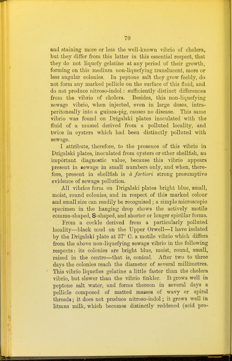 and staining more or less the well-known vibrio of cholera, but they differ from this latter in this essential respect, that they do not liquefy gelatine at any period of their growth, forming on this medium non-liquefying translucent, more or less angular colonies. In peptone salt they grow feebly, do not form any marked pellicle on the surface of this fluid, and do not produce nitroso-indol: sufficiently distinct differences from the vibrio of cholera. Besides, this non-liquefying sewage vibrio, when injected, even in large doses, intra- peritoneally into a guinea-pig, causes no disease. This same vibrio was found on Drigalski plates inoculated with the fluid of a mussel derived from a polluted locality, and twice in oysters which had been distinctly polluted with sewage. I attribute, therefore, to the presence of this vibrio in Drigalski plates, inoculated from oysters or other shellfish, an important diagnostic value, because this vibrio appears present in sewage in small numbers only, and when, there- fore, present in shellfish is a fortiori strong presumptive evidence of sewage pollution. All vibrios form on Drigalski plates bright blue, small, moist, round colonies, and in respect of this marked colour and small size can readily be recognised; a simple microscopic specimen in the hanging drop shows the actively motile comma-shaped, S-shaped, and shorter or longer spirillar forms. From a cockle derived from a particularly polluted locality—black mud on the Upper Orwell—I have isolated by the Drigalski plate at 37° C. a motile vibrio which differs from the above non-liquefying sewage vibrio in the following respects: its colonies are bright blue, moist, round, small, raised in the centre—that is, conical. After two to three days the colonies reach the diameter of several millimetres. This vibrio liquefies gelatine a little faster than the cholera vibrio, but slower than the vibrio tinkler. It grows well in peptone salt water, and forms thereon in several days a pellicle composed of matted masses of wavy or spiral threads; it does not produce nitroso-indol; it grows well in litmus milk, which becomes distinctly reddened (acid pro-