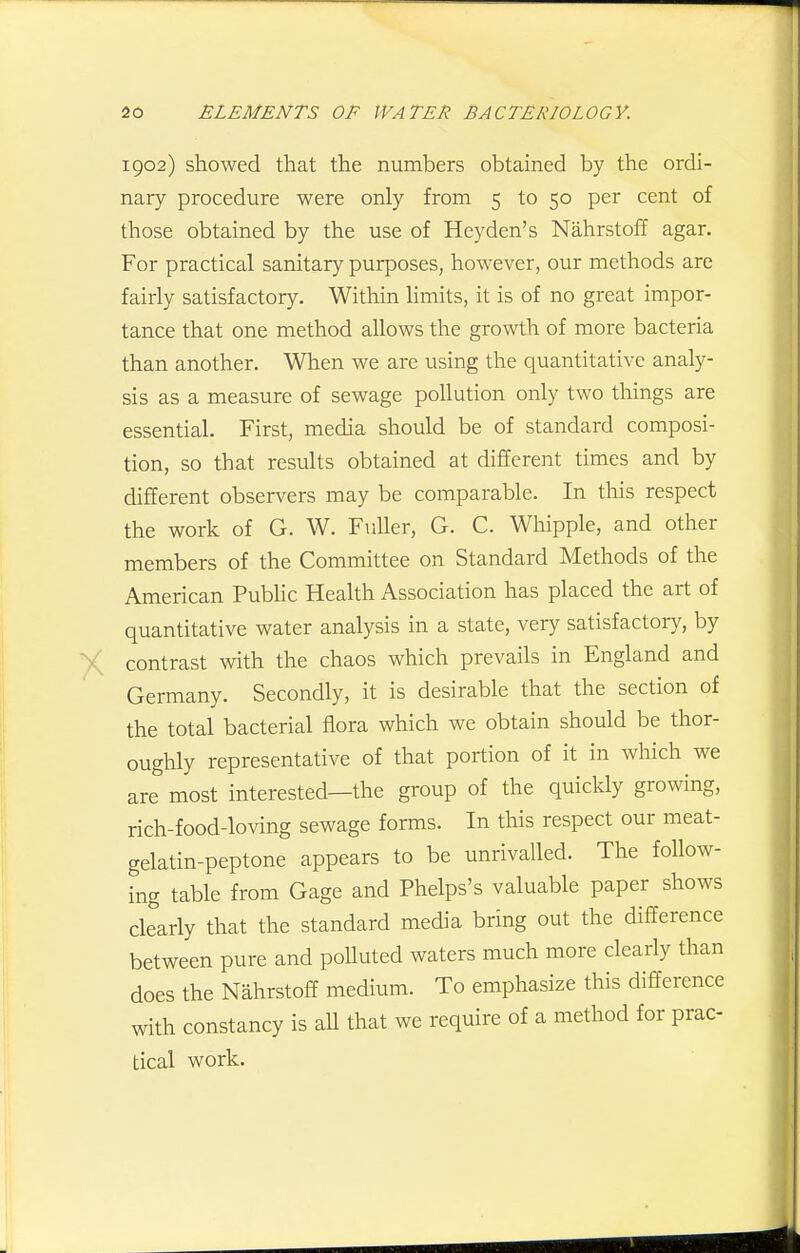 1902) showed that the numbers obtained by the ordi- nary procedure were only from 5 to 50 per cent of those obtained by the use of Heyden's Nahrstoff agar. For practical sanitary purposes, however, our methods are fairly satisfactory. Within limits, it is of no great impor- tance that one method allows the growth of more bacteria than another. When we are using the quantitative analy- sis as a measure of sewage pollution only two things are essential. First, media should be of standard composi- tion, so that results obtained at different times and by different observers may be comparable. In this respect the work of G. W. Fuller, G. C. Whipple, and other members of the Committee on Standard Methods of the American Pubhc Health Association has placed the art of quantitative water analysis in a state, veiy satisfactory, by contrast with the chaos which prevails in England and Germany. Secondly, it is desirable that the section of the total bacterial flora which we obtain should be thor- oughly representative of that portion of it in which we are most interested—the group of the quickly growing, rich-food-loving sewage forms. In this respect our meat- gelatin-peptone appears to be unrivalled. The follow- ing table from Gage and Phelps's valuable paper shows clearly that the standard media bring out the difference between pure and polluted waters much more clearly than does the Nahrstoff medium. To emphasize this difference with constancy is all that we require of a method for prac- tical work.